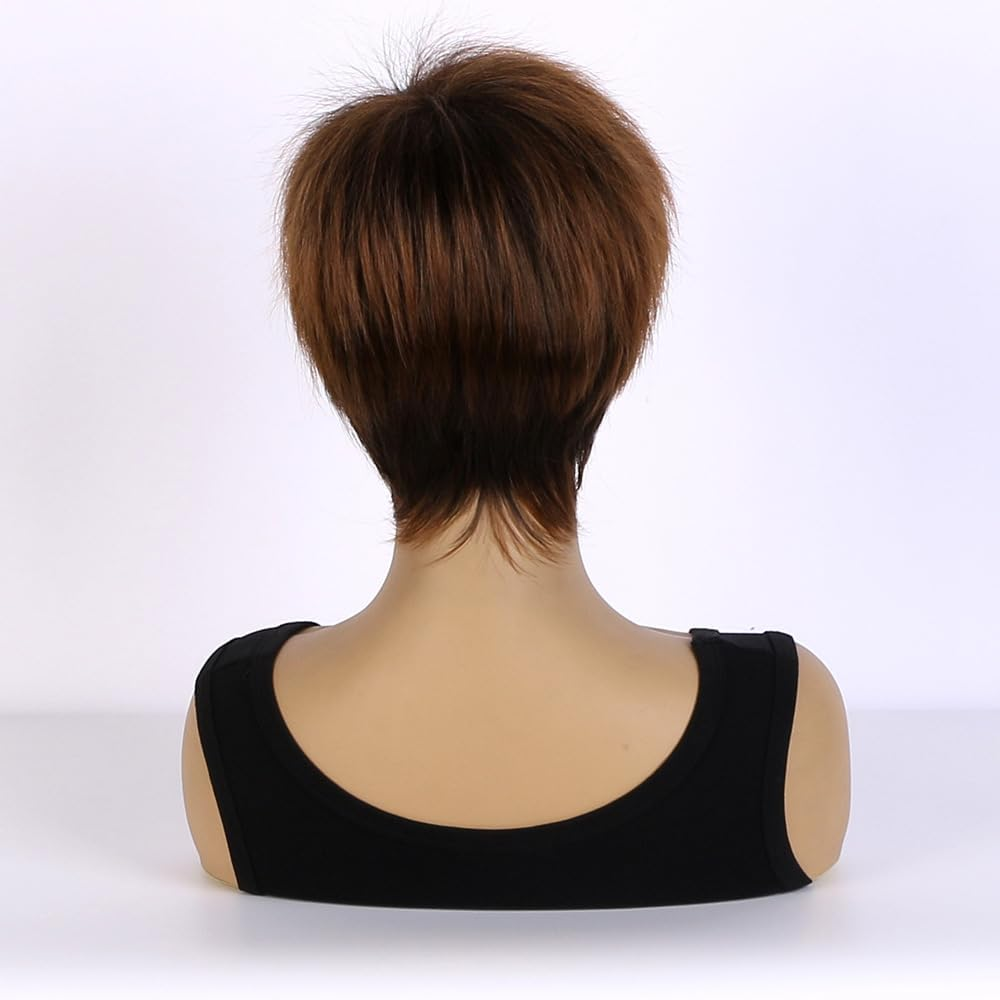AUBWIG Short Pixie Cut Wigs Tiered Fluffy with Fringe Natural Straight Synthetic Short Hair Wigs Heat Resistant Full Wigs for Women (Brown) image number 3
