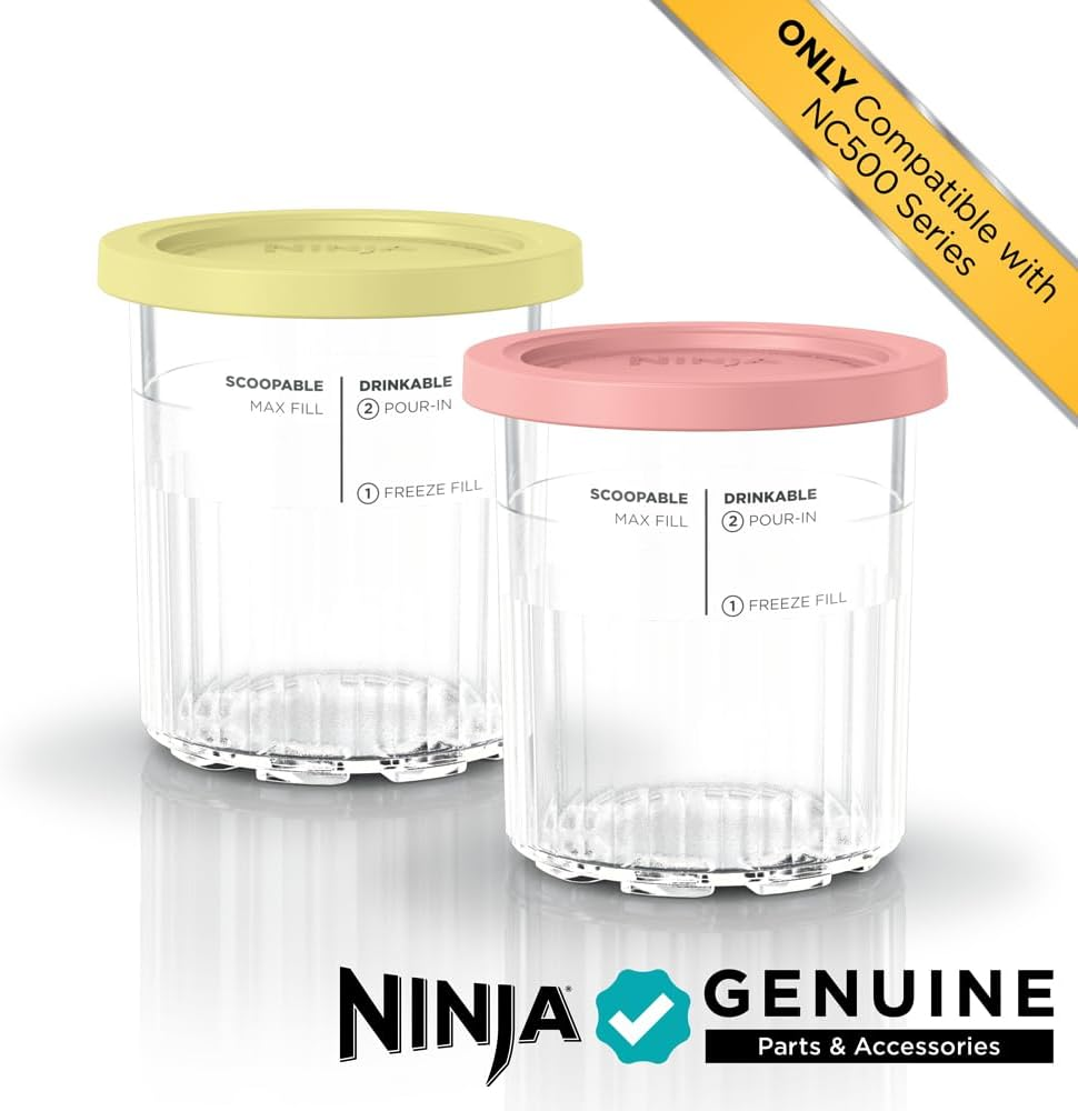 Ninja Creami Deluxe Pints 2 Pack, Compatible with NC500 Series Creami Deluxe Ice Cream Makers, Genuine Ninja Pint, Bpa-Free & Dishwasher Safe, Color Lids, 1 Pint Each, Clear/Coral/Yellow, XSKPNTLD2​ image number 2