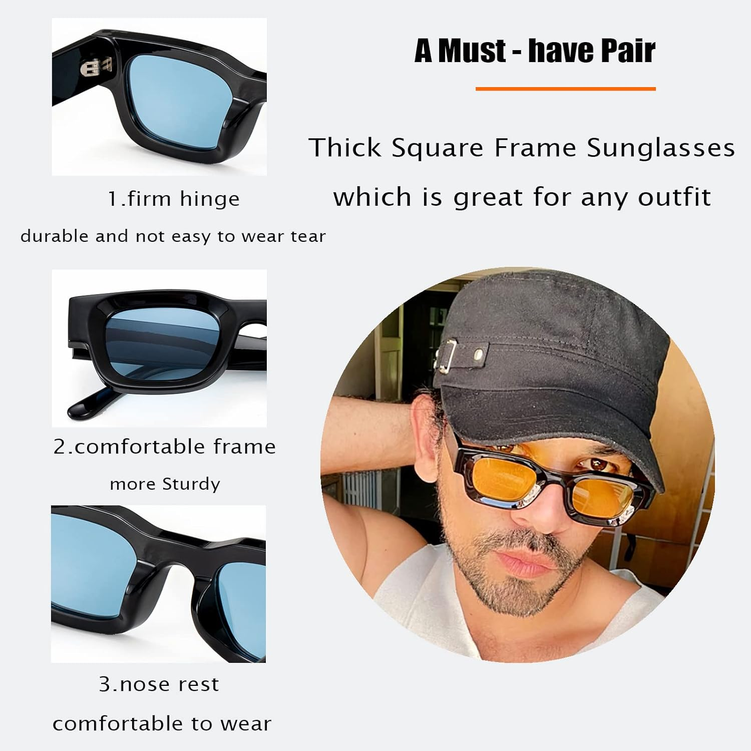 Teumire Retro Rectangle Polarized Sunglasses for Small Face Women Men Chunky Square Thick Frame Glasses UV400 Protection - A02 Black/Clear Yellow image number 7