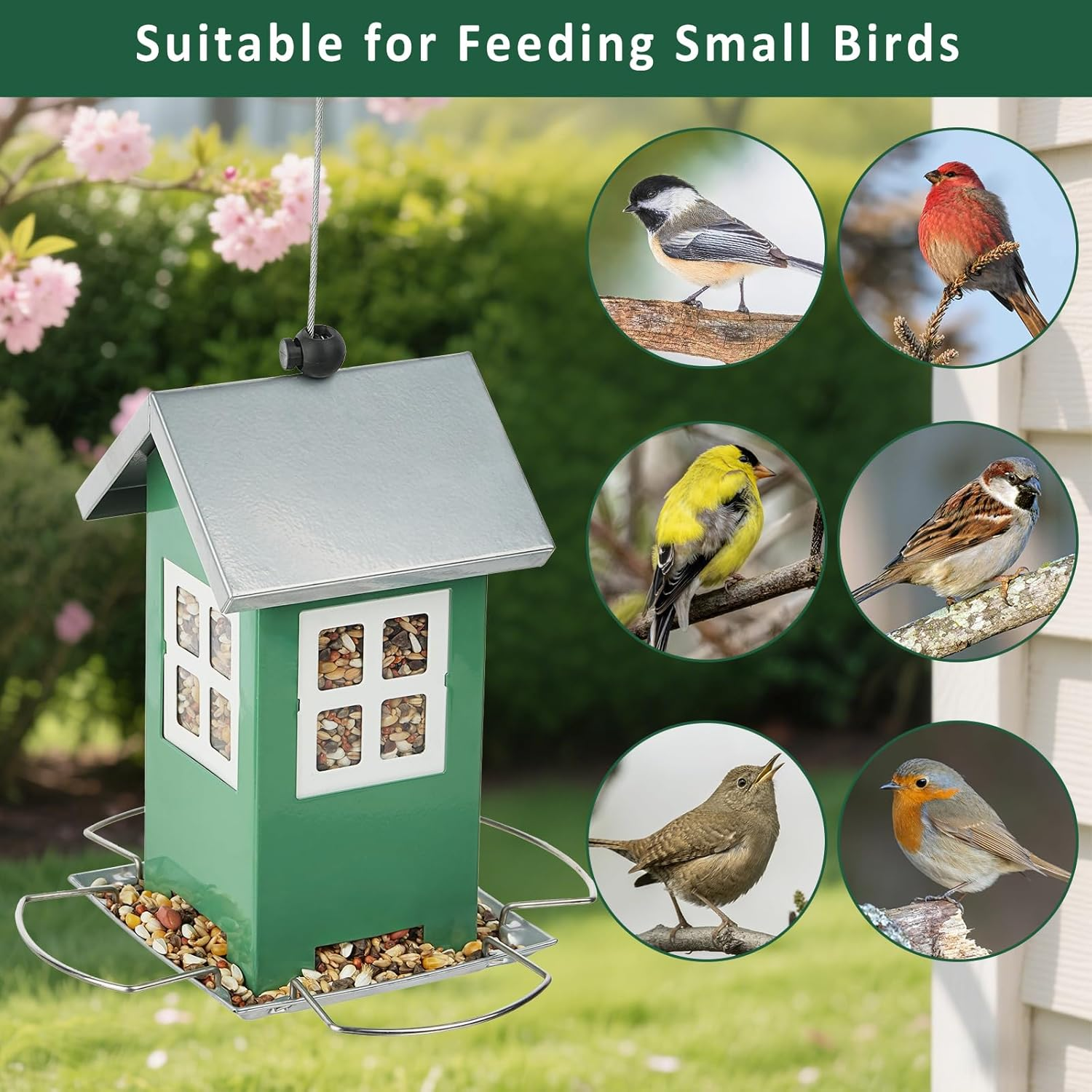 Small Metal Bird Feeders for Outdoors, Cute House Shape Bird Feeder with Window Design, Garden Terrace External Hanging Decorative Birdfeeder for Finch Sparrow Little Birds - Premium Green