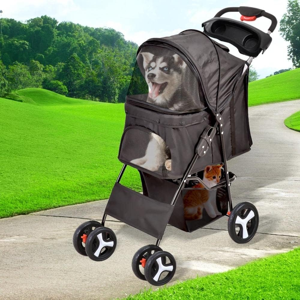 Pawz 4 Wheels Pet Stroller Dog Cat Cage Puppy Pushchair Travel Walk Carrier Pram Black, Collapsible for Storage Travel Pet Pram, Removable Cushion Dog Car Seat, Dog Cat Stroller with Coffee Cup Holder image number 6