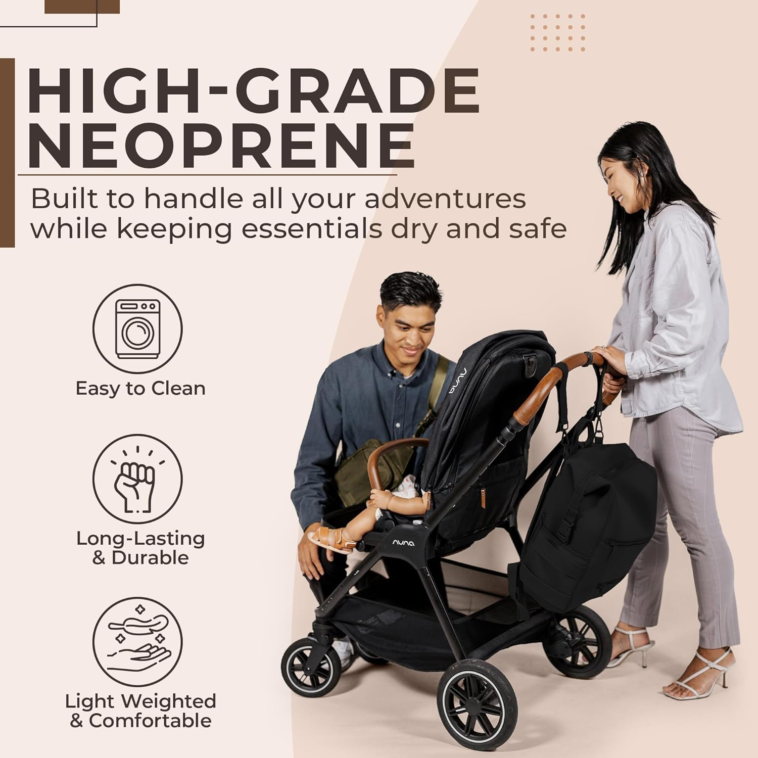 Lightweight Diaper Bag Backpack, Water-Resistant Neoprene Bag with Changing Pad, Stroller Straps, Wet Bag and Pouch image number 3