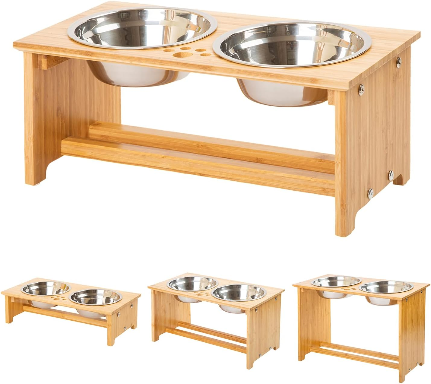 FOREYY Raised Dog Bowls for Cats and Dogs - Bamboo Elevated Dog Cat Food and Water Bowls Stands Feeder Dishes with 2 Stainless Steel Bowls and anti Slip Feet (Medium - 18 Cm High) image number 3
