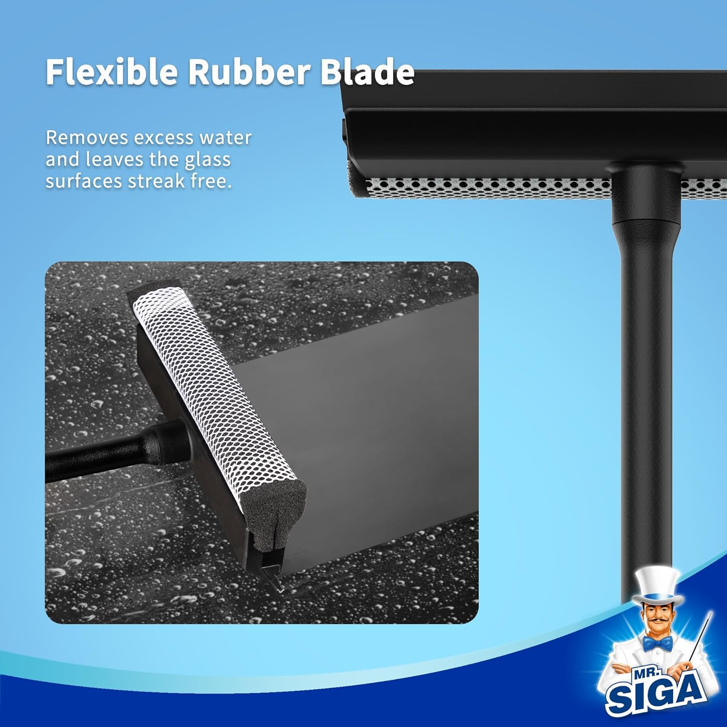 MR.SIGA Professional Squeegee for Car Windshield Cleaning, 2 in 1 Shower Door Squeegee with Handle & Window Washing Sponge, Black image number 6