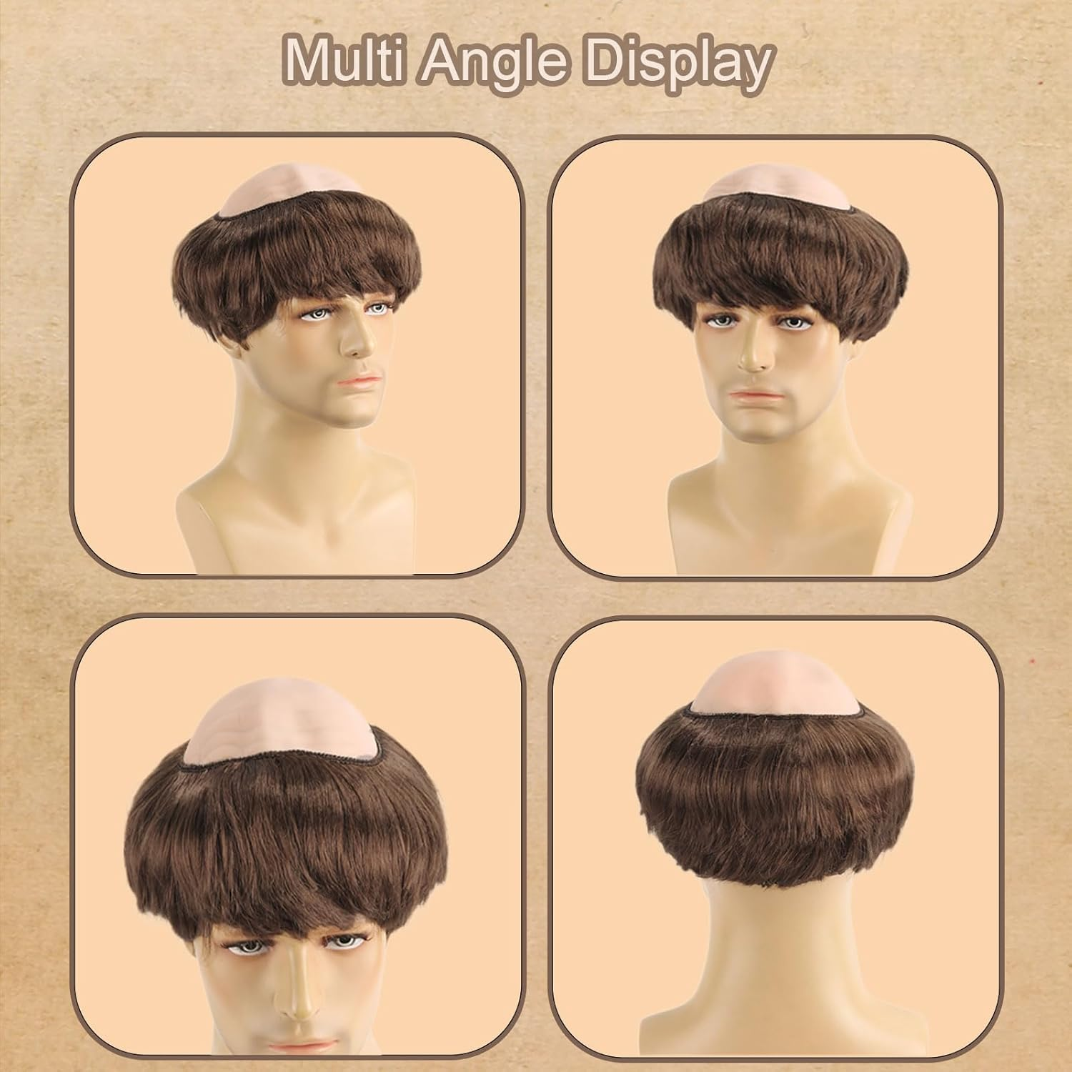 Brown Monk Wig, Wig Man Halloween Monk Costume, Short Wigs Men Carnival Wigs Cap Bald Tonsure Latex Costumes Adult Cosplay Party (Brown) image number 4