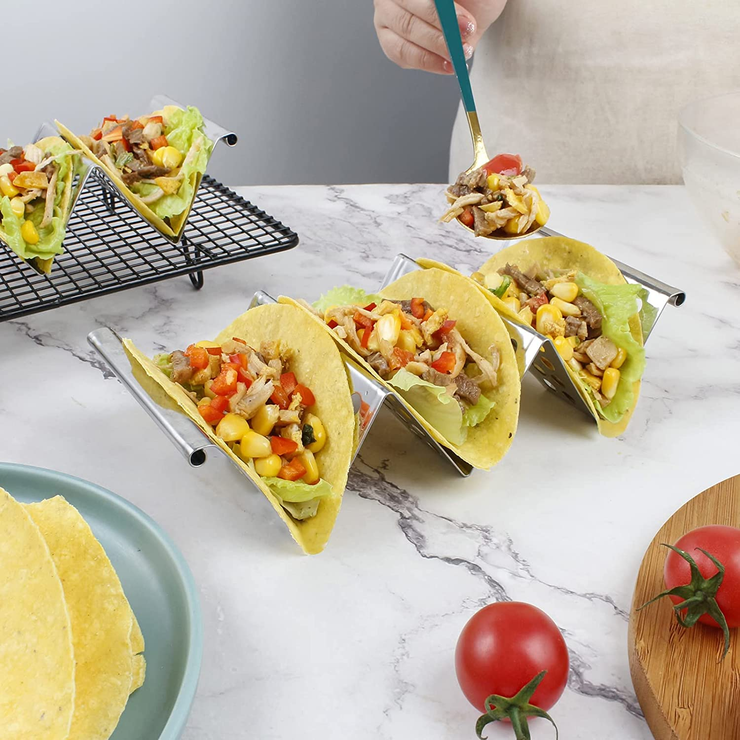 4 Pack Stainless Steel Taco Holders, Premium Taco Stands, Holds 2 or 3 Tacos Each Taco Tray, Taco Rack with Easy-Access Handle, Food Grade Taco Plate Shells Oven & Grill Safe, BPA Free image number 4