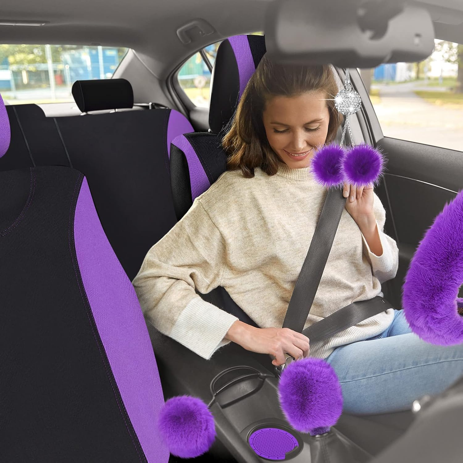 Tallew 17 Pcs Car Seat Cover Full Set for Christmas Fluffy Car Decor Front Rear Fluffy Steering Wheel Cover Soft Fleece Handbrake Shift Hanging Accessory Holder Ring Emblem Sticker(Purple) image number 5