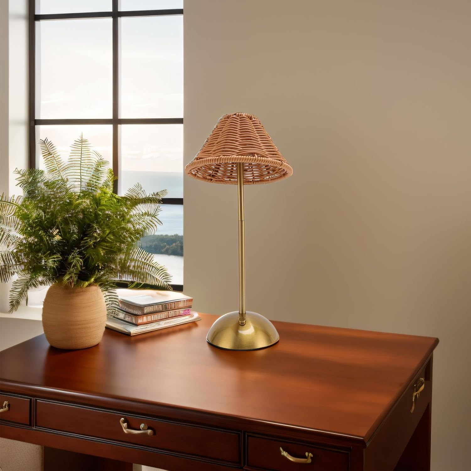 Asixxsix Boho Rattan Table Lamp, Rechargeable Dimmable LED Bedside Lamp, Boho Cordless Table Lamps Decorative Lighting for Home Restaurant Hotel Dining Table Kitchen image number 3