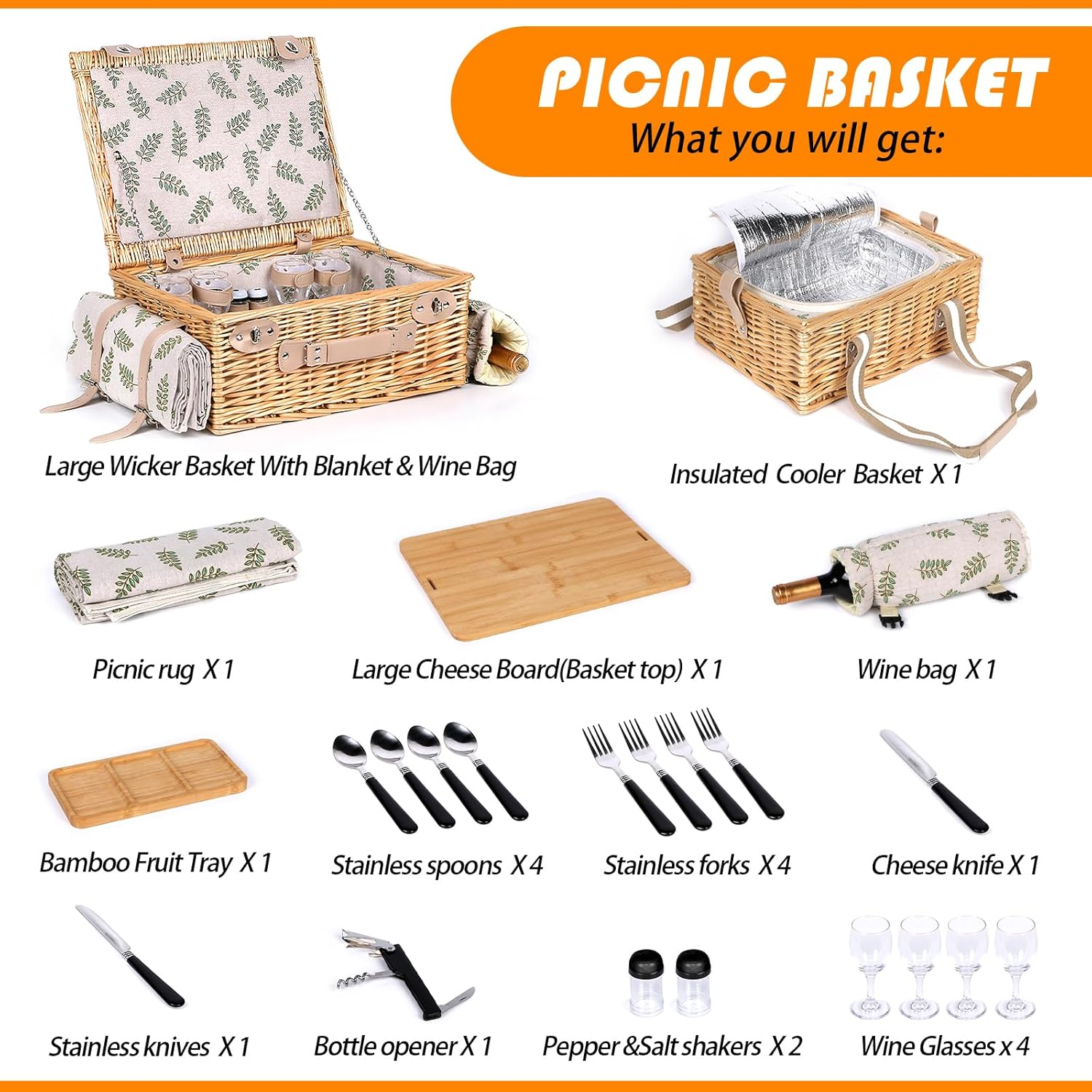 Hap Tim Dual Wicker Picnic Basket Set with Blanket Charcuterie Boards for 2/4/6 - Unique Gifts Ideas for Couple, Engagement, Wedding, Bridal Shower, Family, Christmas - White Elephant Gifts for Adults image number 1