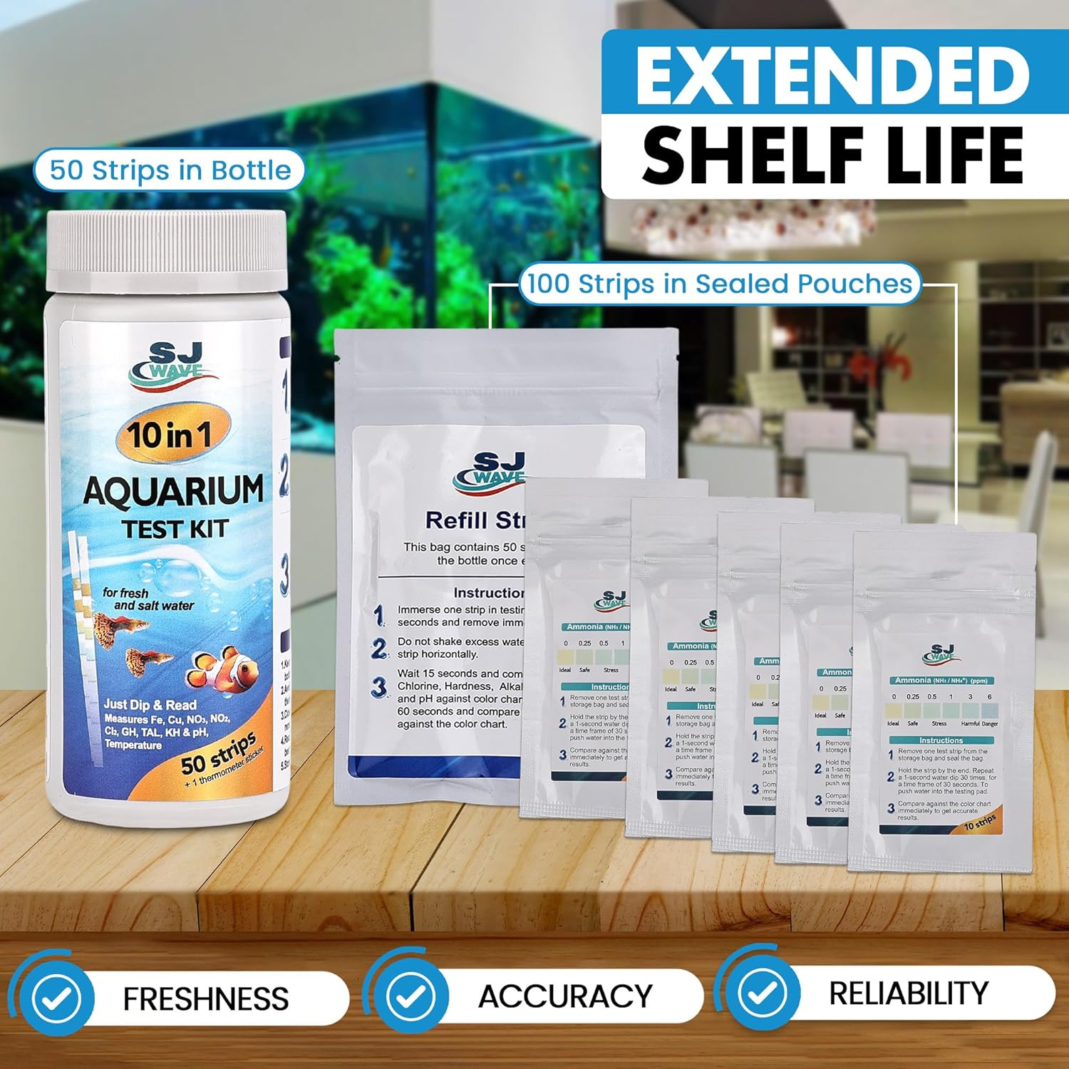 11 in 1 Aquarium Test Strips - Fish Tank Water Testing Kit with Ammonia Test Strips for Fish Tank (150 Strips) & Ebook | Includes 50 Ammonia Strips, Thermometer, & Test Kit for Ponds & All Fish Tanks image number 4