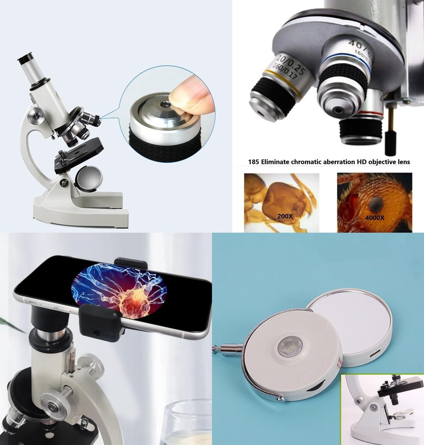 Microscope-200-4000X Magnification,Biological Educational Microscope for Students and Adults,With Phone Clip,Biological Specimen and Fill Light (White) image number 3