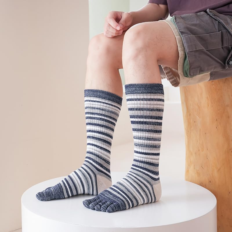 Cotton Toe Socks Five Finger Socks Long Thickened Calf High Athletic Running Rainbow Striped Socks for Men Boys, Stripes Grey image number 1