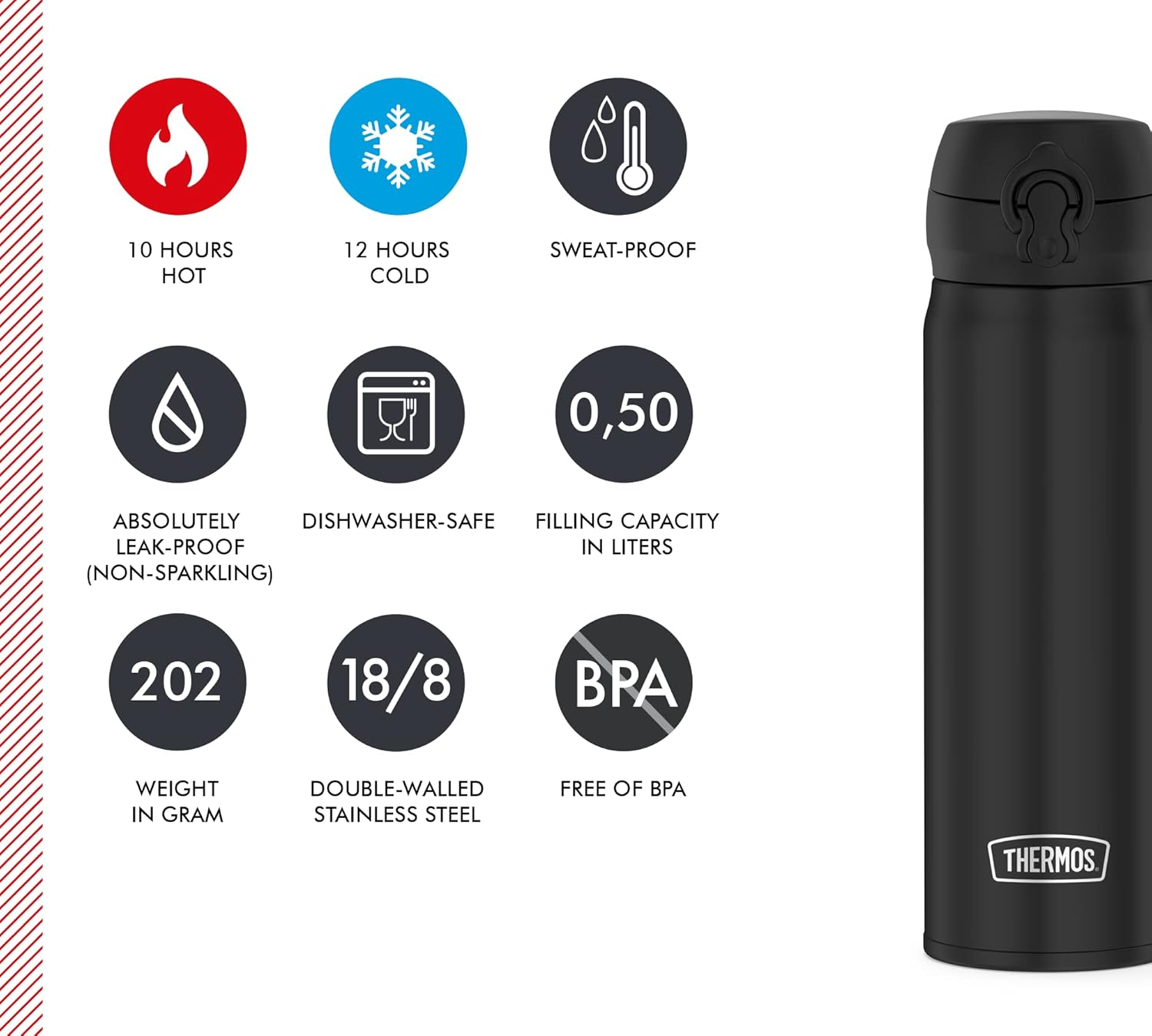 Thermos 4035.232.050 Ultralight Thermos Flask, Black, 500 Ml, Extremely Lightweight, 210 G, Drinking Bottle, Dishwasher Safe, Thermos Flask Keeps Hot for 10 Hours, Cold for 20 Hours, Bpa-Free image number 6