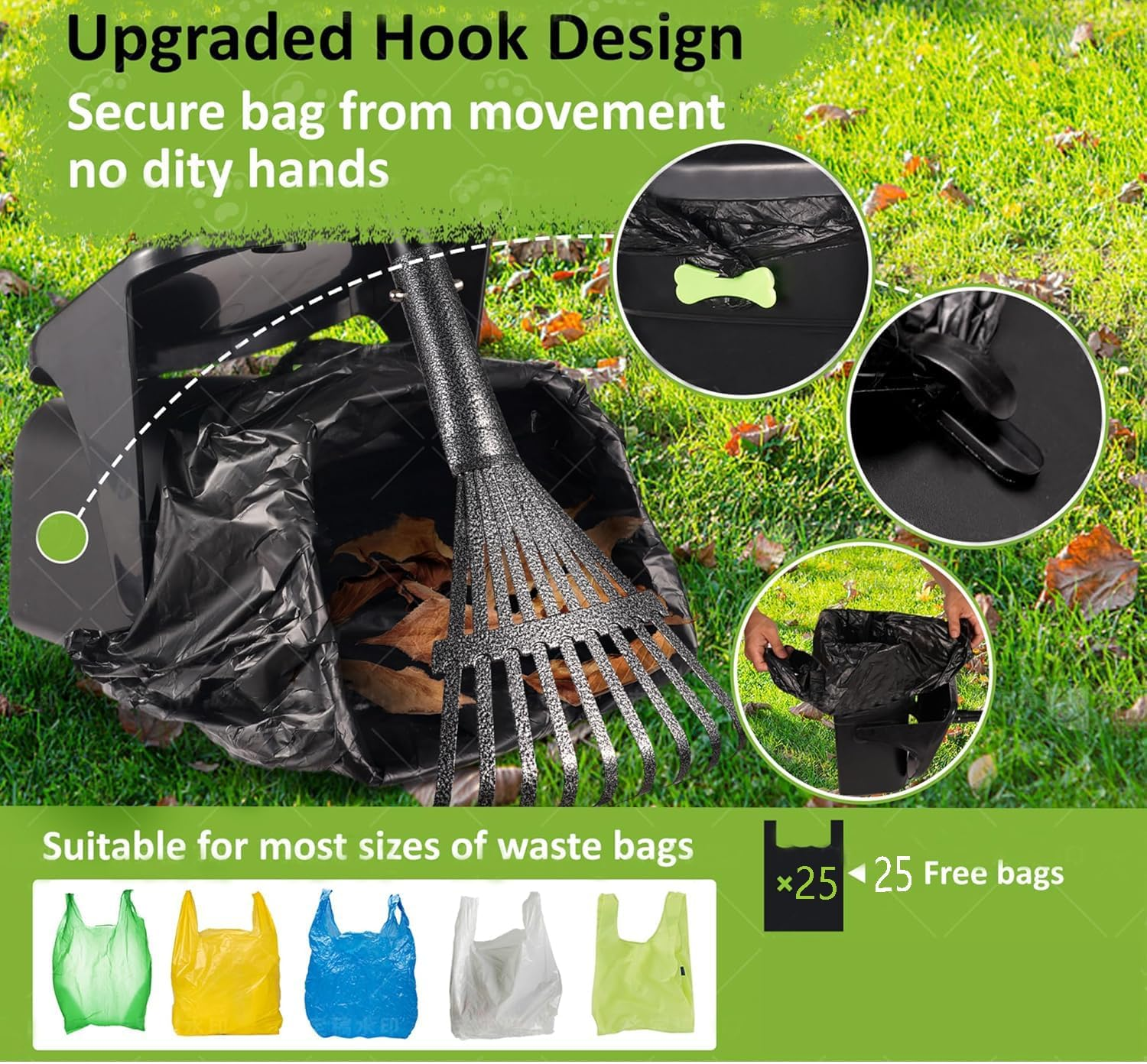 Dog Poop Scoop Rotating Trash Can with Rake and Scoop, Comes with 25 Trash Bags, Suitable for Large, Medium and Small Dogs, Dog Poop Scoop Cleans up Pet Waste from Yards, Grass, Dirt or Gravel