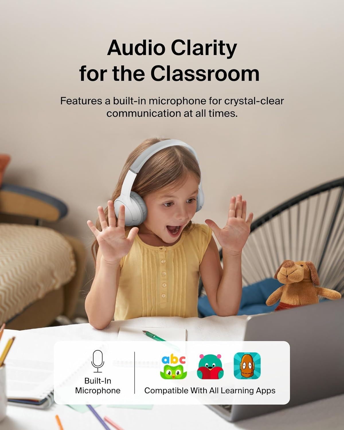 Belkin Soundform Mini - Wireless Bluetooth Kids Headphones, 30H Battery, 85Db Safe Volume Limit, Built-In Microphone - Toddler On-Ear Earphones for Iphone, Ipad, Fire Tablet, Ideal for School - White image number 4