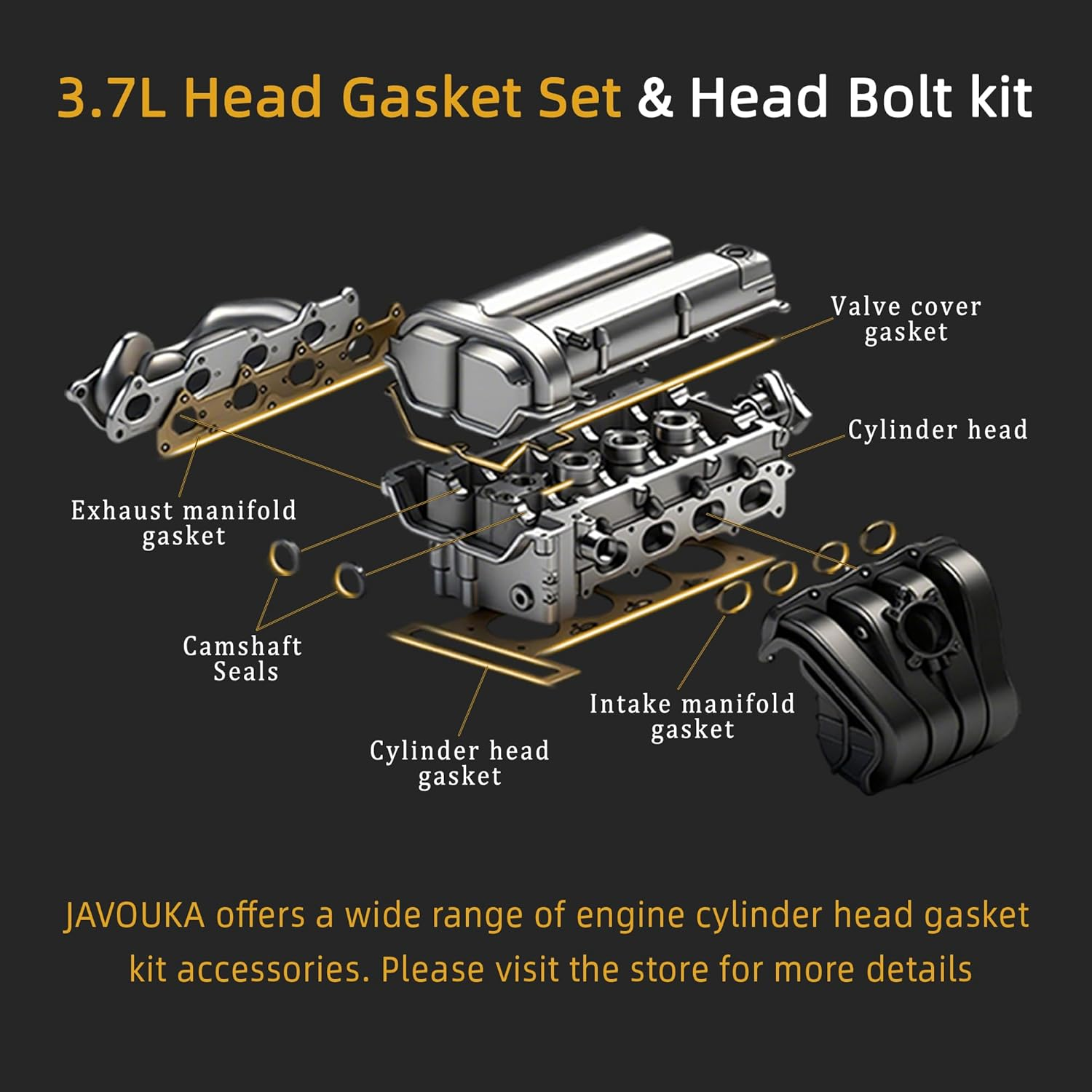 3.7 Engine Cylinder Head Gasket Set Head Bolt Fits for Jeep Commander/Liberty/Grand Cherokee, for Dodge Nitro/Dakota/Durango/Ram 1500, for Mitsubishi Raider 3.7L 226CID V6 SOHC 05-12 (82PCS) image number 6