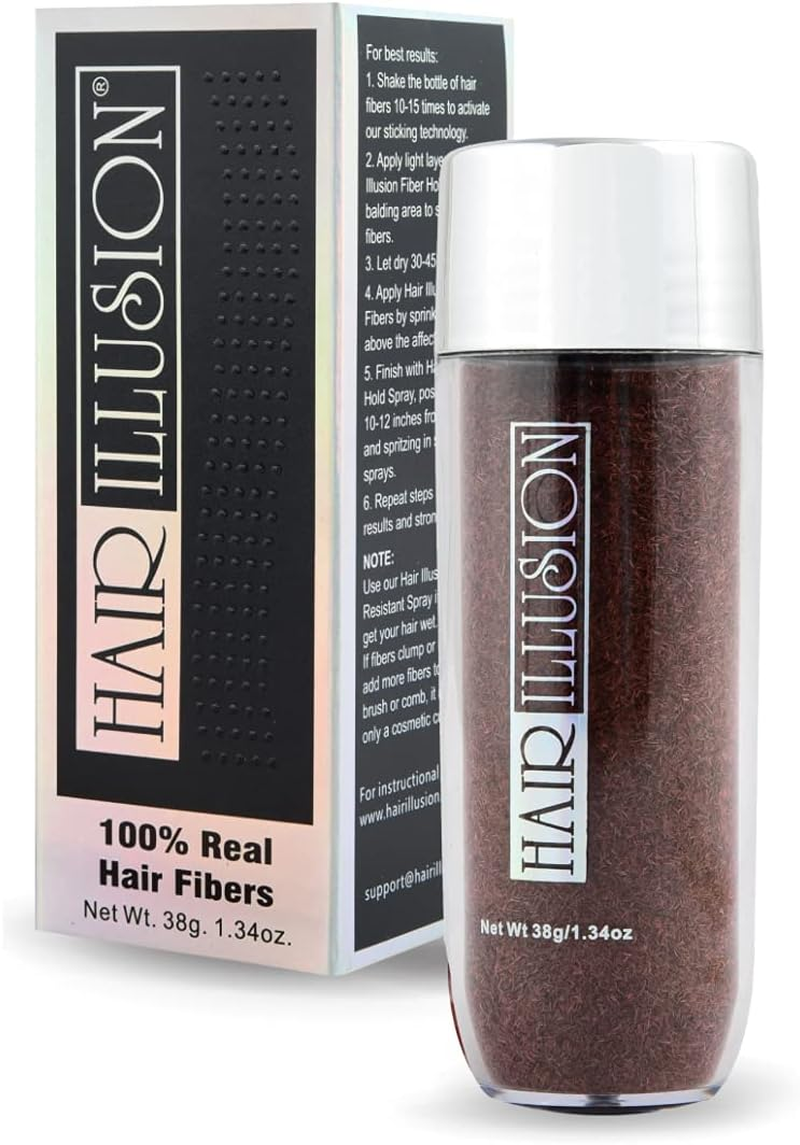 Hair Illusion Dark Brown Real Hair Fibers for Thinning Hair - 100% Natural Texture, Non Synthetic Hair Fibers - Bald Spot Cover up for Women & Men - 38 Gram