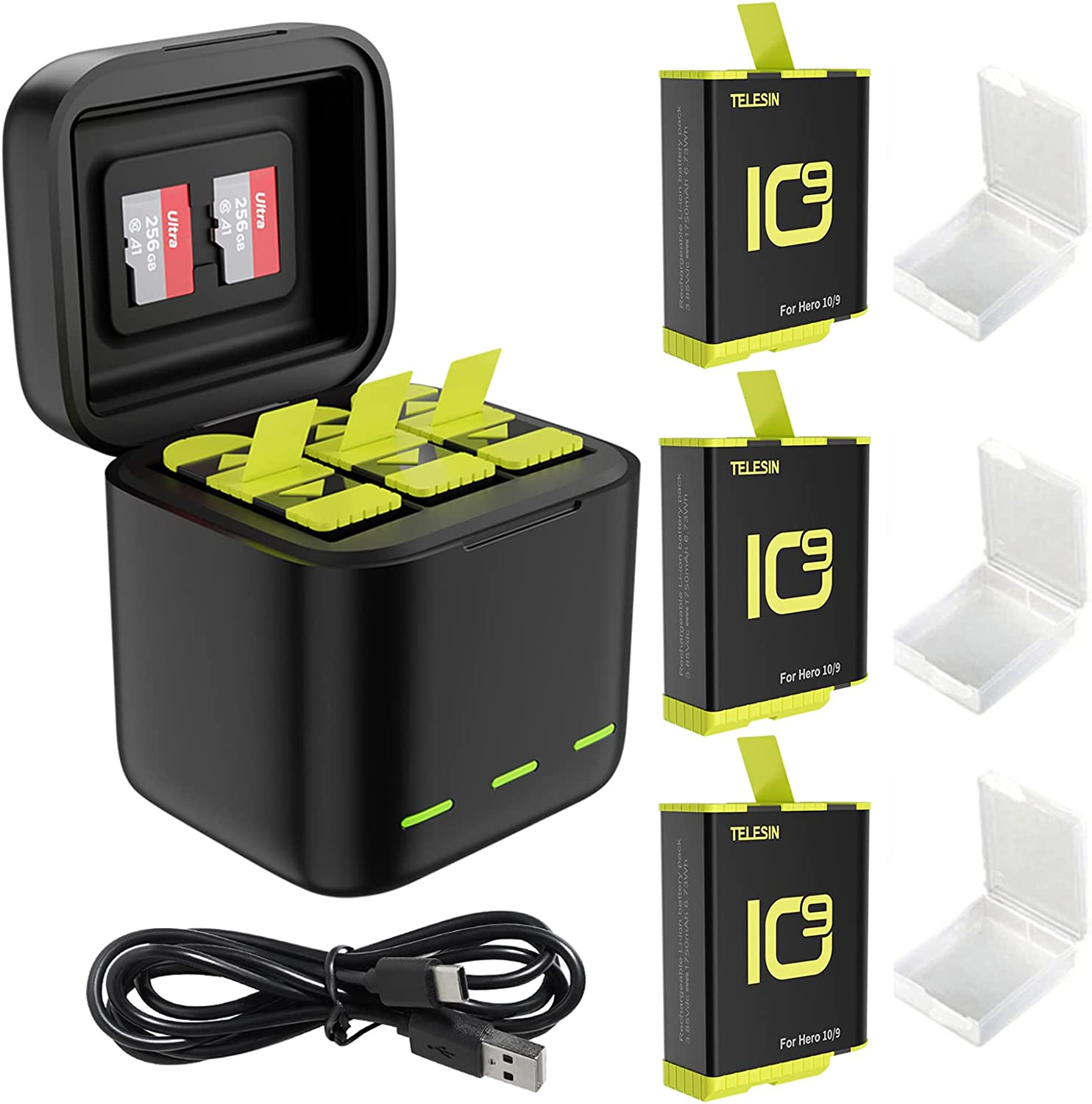 TELESIN 3 Pack Charger Battery Set for Go Pro Hero 10 Hero 9 Black, Triple Charging Case Support 3 Batteries Charge and 3 TF Card Storage,With 3 Battery Carry Boxes for Go Pro 10 9 Accessories image number 5