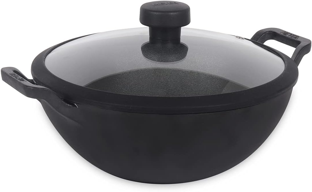 Meyer Pre-Seasoned Cast Iron Wok 24Cm with Tempered Glass Lid, Kadai, Induction Compatible Cast Iron Pan, Oven Safe, Black image number 1