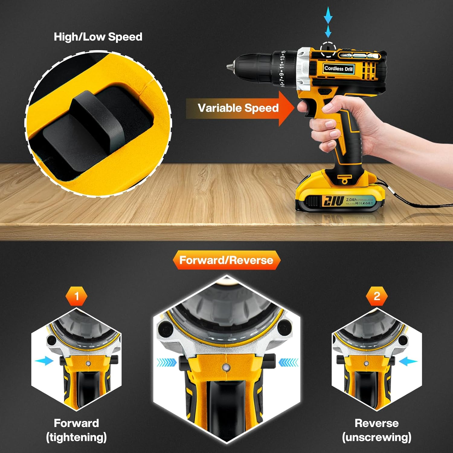 24Pcs 21V Cordless Drill Driver Set Household Hand Tool Kit,25Nm Variable Speed Multifunctional Rechargeable Power Drill Set with Led Light & Charger 25+3 Torque, 2000Mah Li-Ion for Home (Yellow) image number 6