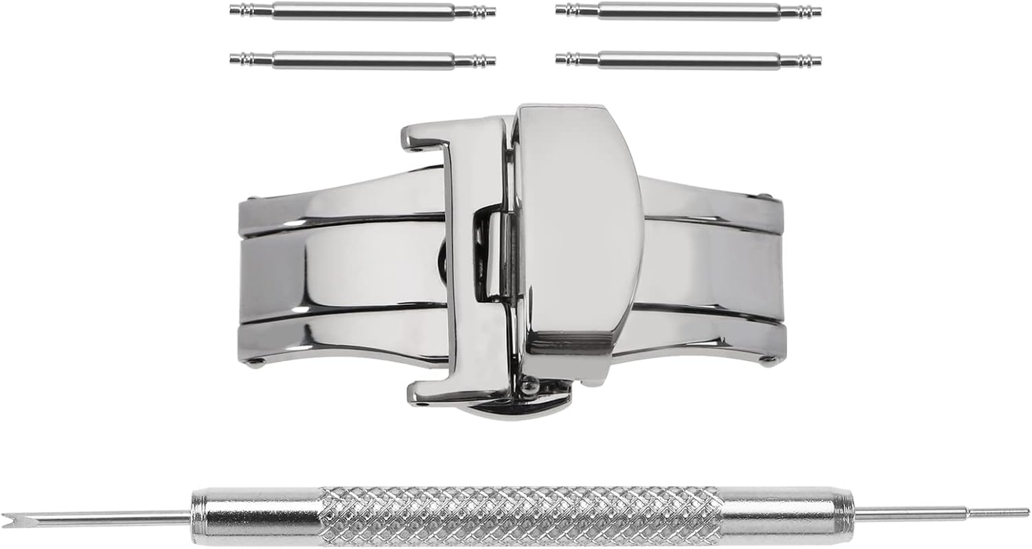Emagtech Watch Buckle Stainless Steel Deployment Butterfly Clasp Watch Strap Push Button Buckle Double Push Spring Watch Clasp for Leather Straps with a Thickness of 3.5Mm or Less image number 1