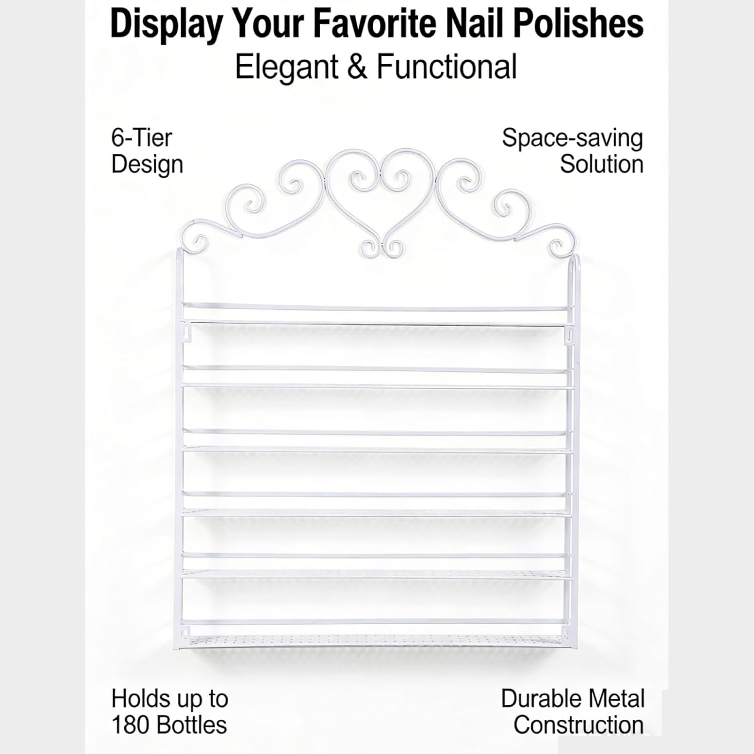 NUMNBE 6-Tier Metal Nail Polish Storage Elegant &ndash; Large 180-Bottle Nail Polish Holder, Space-Saving Display Shelf for Salon & Home, Durable Wall-Mounted Nail Polish Organiser in White image number 4