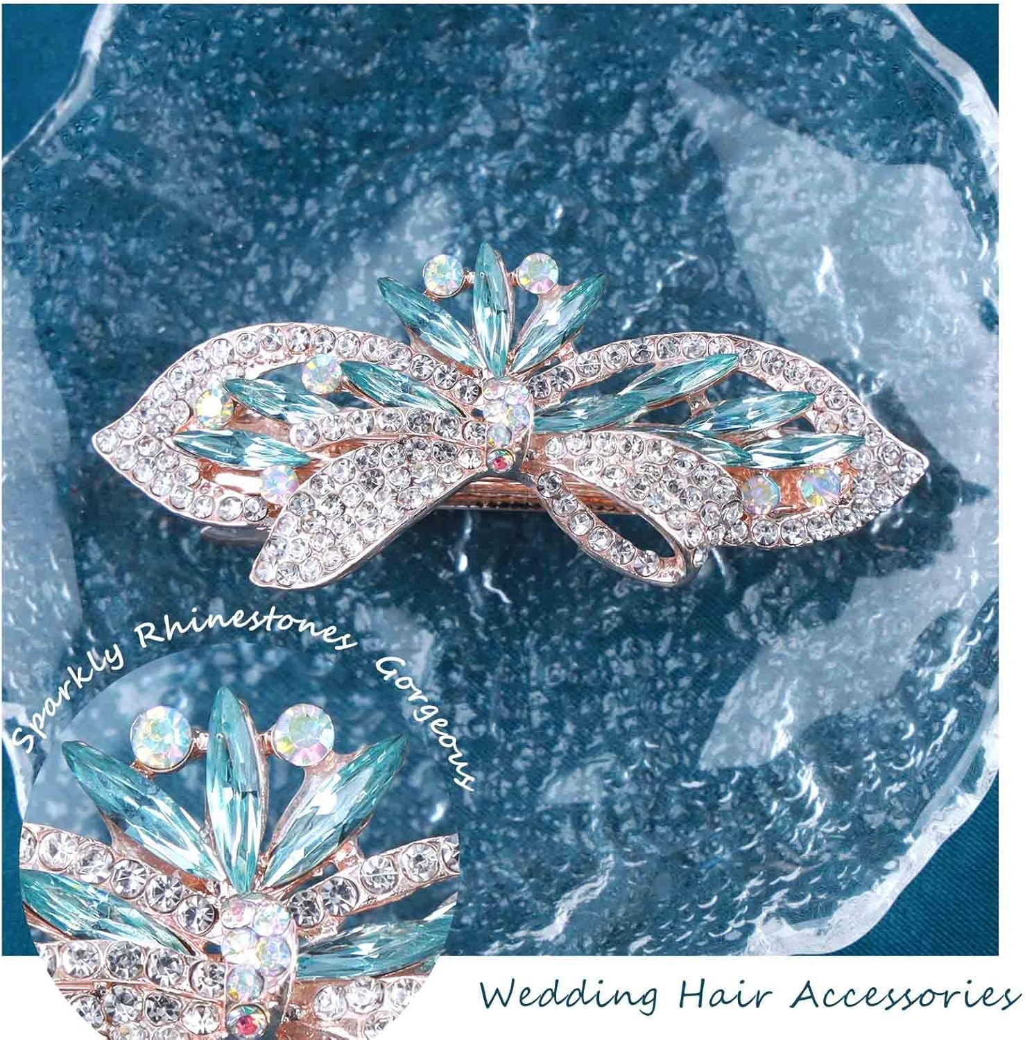 Tseenyi Crystal Hair Clip Rhinestone Wedding Hair Clip Flower Bow Crystal Hair Clip Shiny Bridal Decorative Headpiece Rhinestone Hair Pins for Women and Girls (Blue Crystal) image number 1