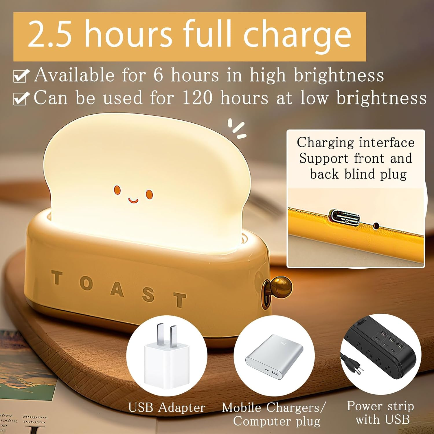 VOSSOT Toast Children'S Night Light, Kawaii LED Night Light with Timer, Baby Room LED Bedside Lamp, USB Rechargeable Baby Night Light, Nursing Light, Smile, Bread, Toast Night Lamp for Teen Girl Boy image number 1