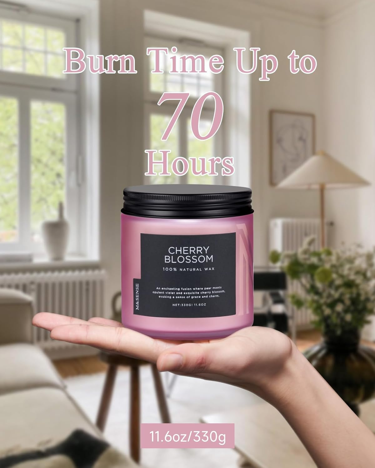 M&SENSE Cherry Blossom Scented Spring Candle, 70 Hours Long Lasting Soy Candles 11.6Oz, Stress Relief Aromatherapy Candles, Romanticcandle for Women, Glass Jar Candle Bedroom Decor image number 5