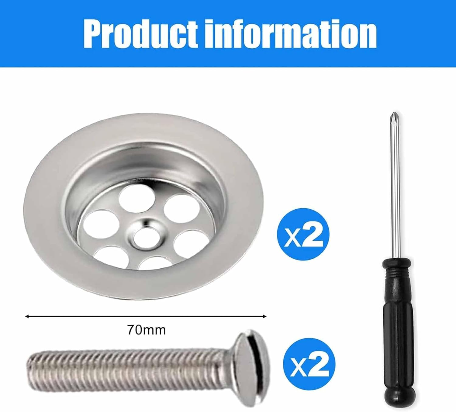 Stainless Steel Bathtub Hole Replacement Parts (With Screws) 2-Pack, 70Mm Universal Bathtub Plug Replacement, Contains 2 Screws, Bathtub/Bathtub Leak-Proof Screw Cap (Includes Screwdriver) image number 2