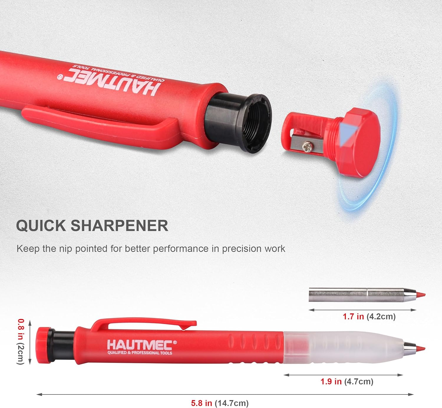 HAUTMEC Solid Carpenter Pencil with 6 Refills, Long Nose Deep Hole Mechanical Pencil Marker with Sharpener for Woodworking Architect Construction (Black, Yellow, Red) HT0293