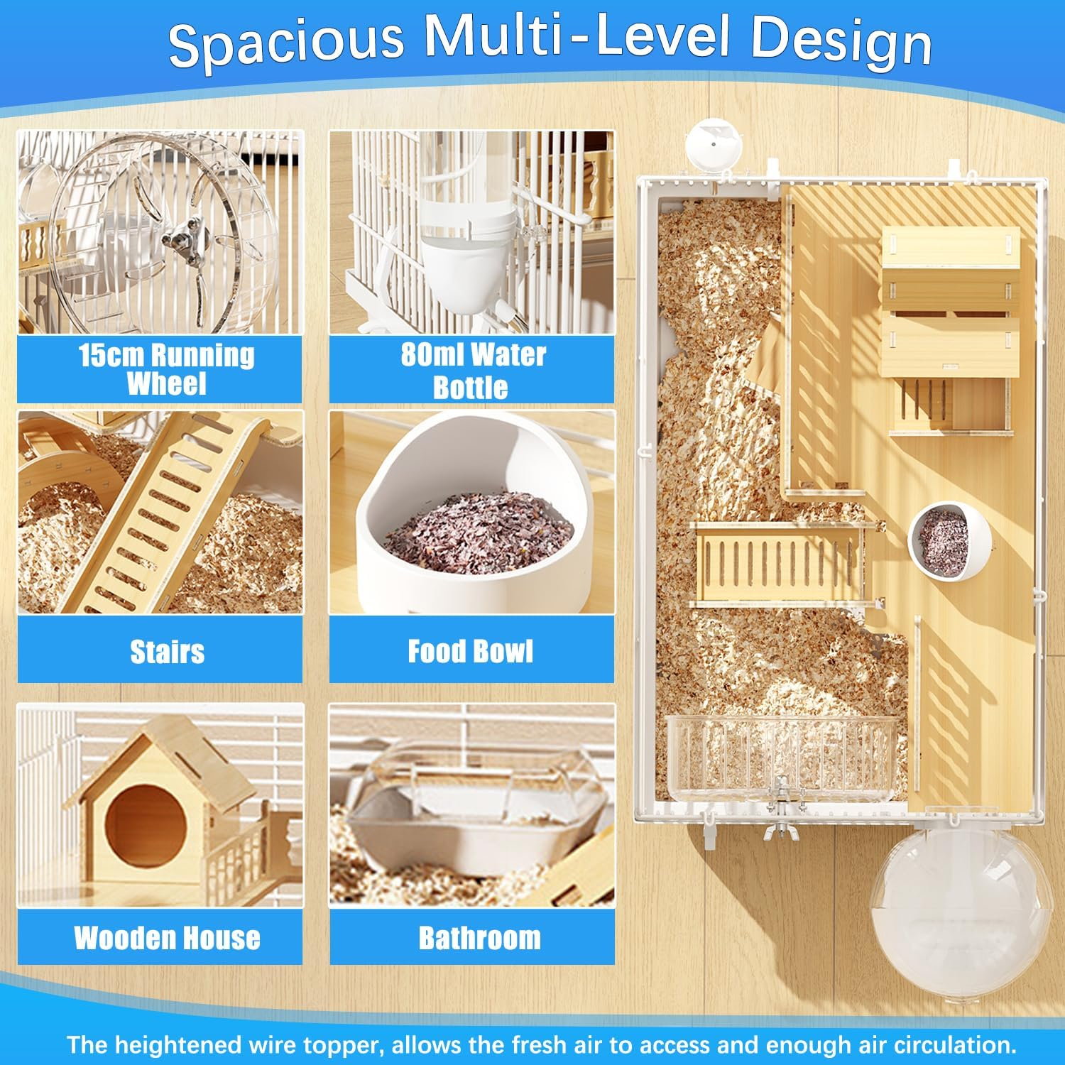LIODUX 8 in 1 Hamster Cage, 2-Layer Luxurious Hamster House with Full Viewing, DIY Small Pet Playpen Kennel with Accessories, Habitat for Small Animals Pets (Large: 47X30X30Cm) image number 3