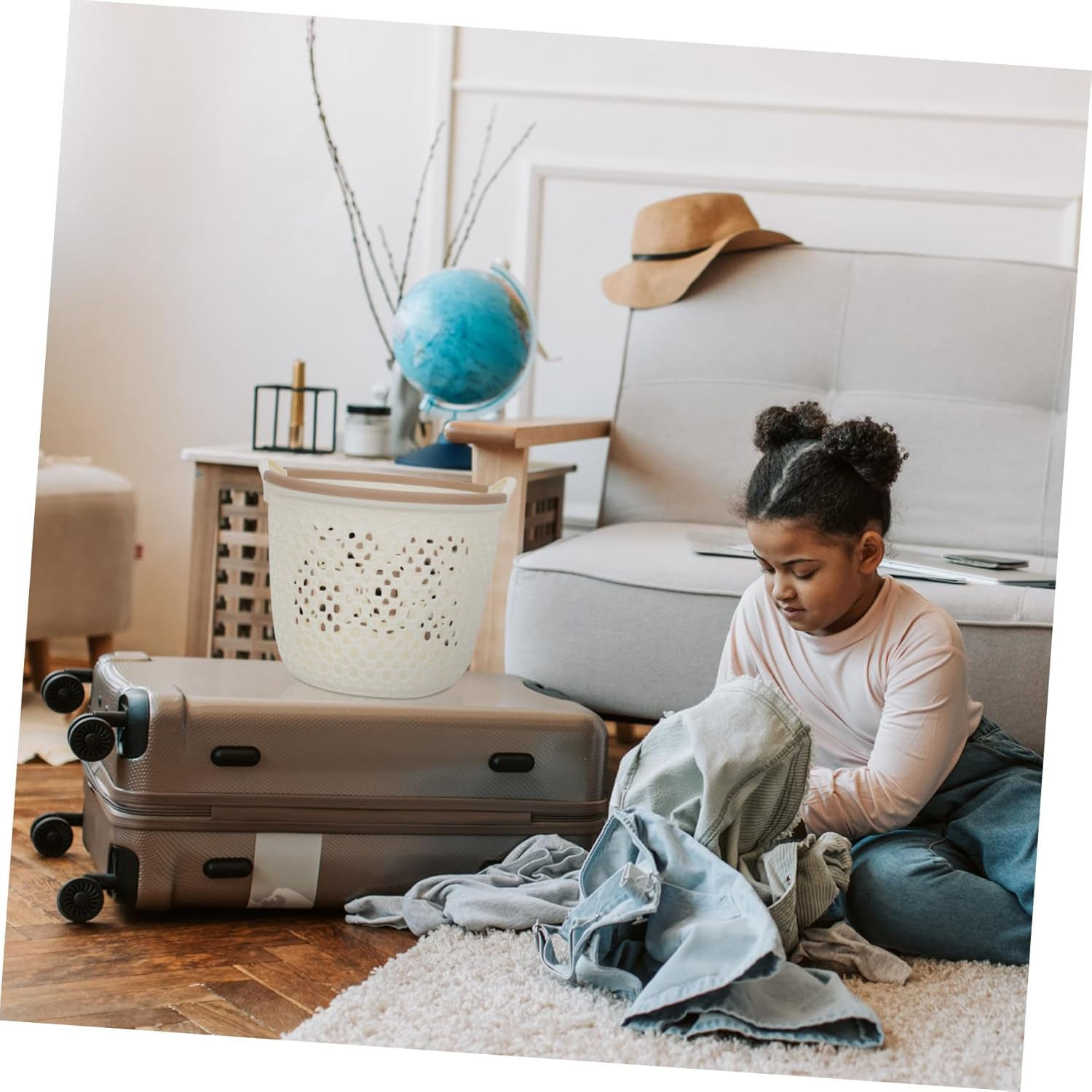 CHICAMPERA Handheld Waterproof Plastic Laundry Basket, Hollow-Out Medium Sized Bedroom Storage Basket for Clothes and Sundries Organizer, Beige image number 5