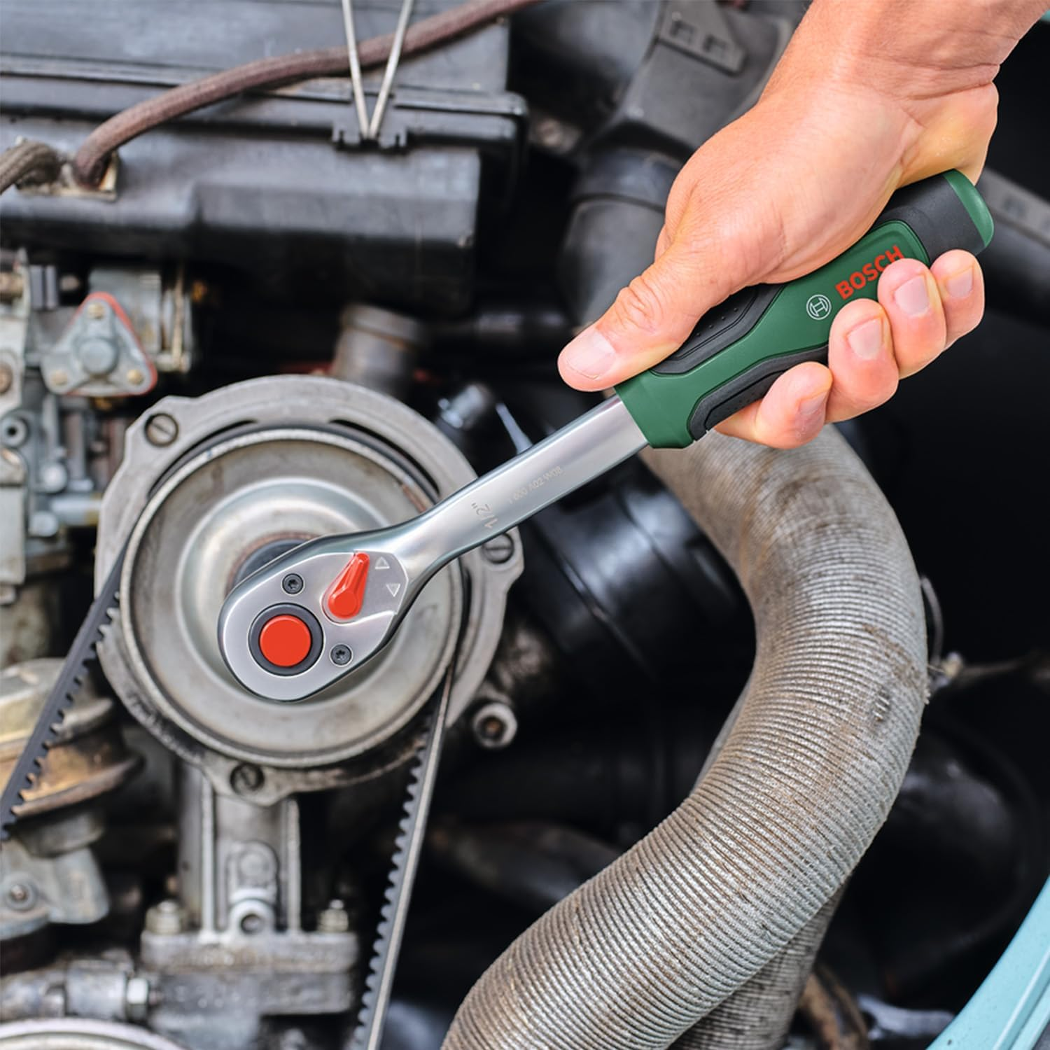 Bosch 1/4" + 1/2" Ratchet Set 57-Piece (Two Powerful Ratchets for Multiple DIY; 55X Accessories; High Torque; Lock Button; Direction Switch; Curved Neck; Softgrip; Carrying Case)