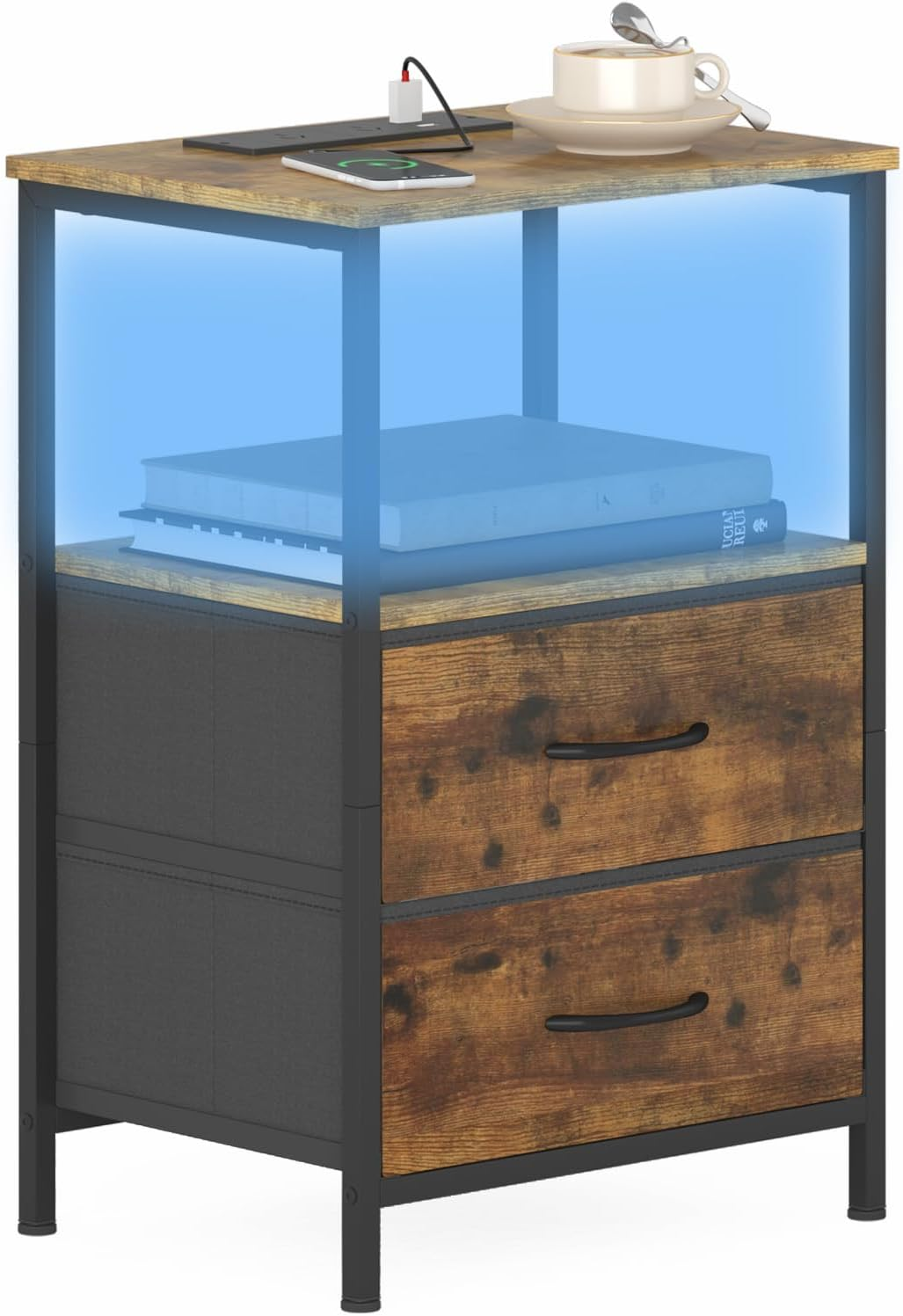 Ufurniture Nightstand with LED Light and Charging Station, Industrial End Table with 3 Fabric Drawers and Open Shelf, Bedside Table for Bedroom Living Room, Brown Top+Black Drawer image number 4