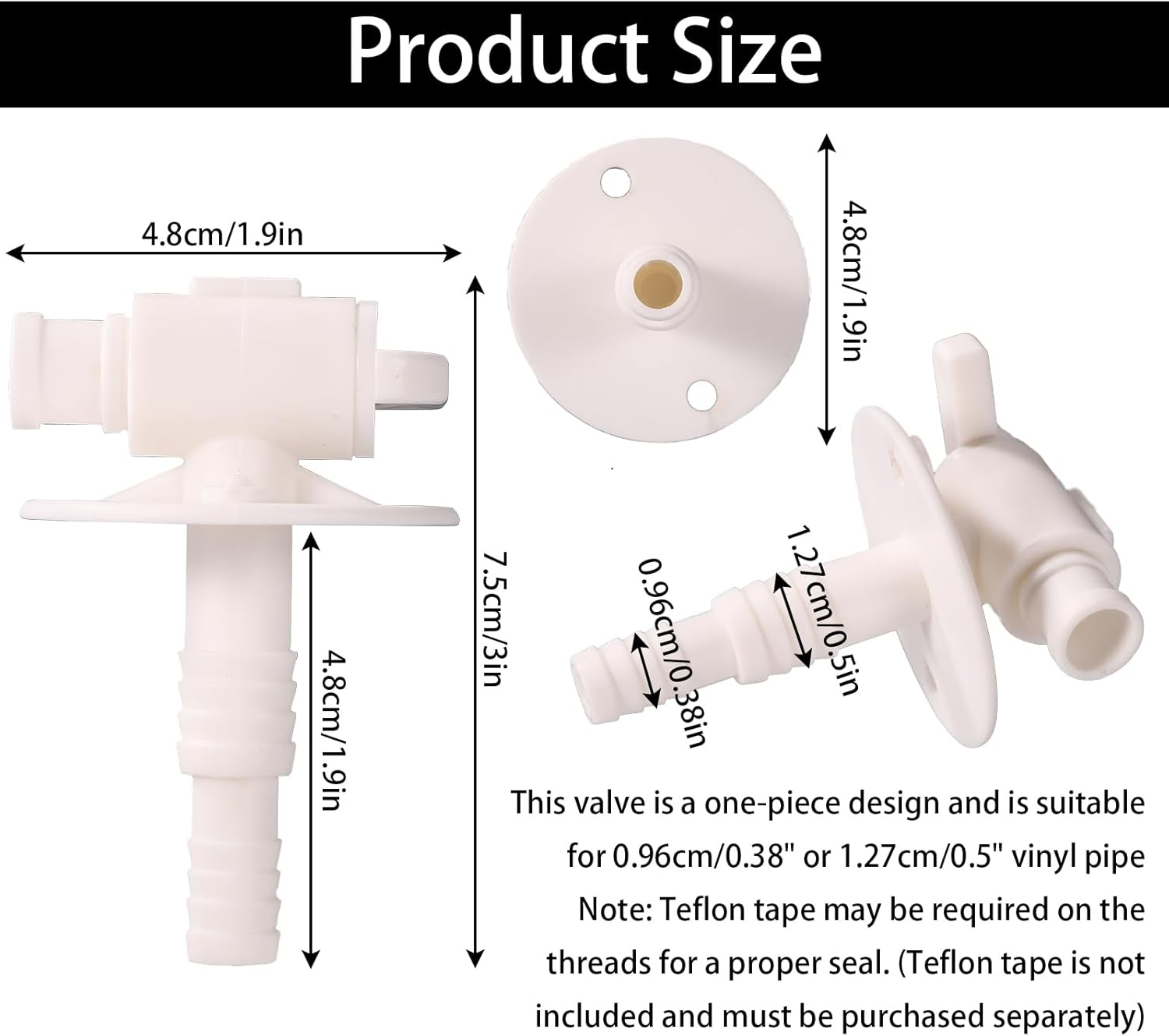 Lyreh 2 Pcs RV Water Tank Drain Valves(Fit 3/4" or 1/2" Vinyl Tubing), 3X1.9X1.9In Camper Fresh Water Tank Drain Valve Replacement for Rvs Campers Travel Trailers(White) image number 6