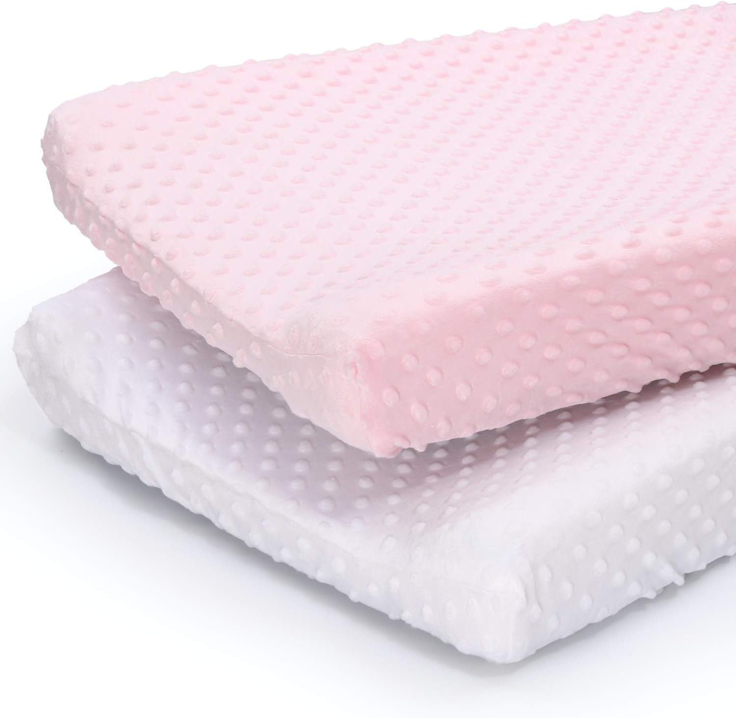 The Peanutshell Plush Minky Changing Pad Covers for Baby Girls | 2 Pack Set | Pink and White image number 4