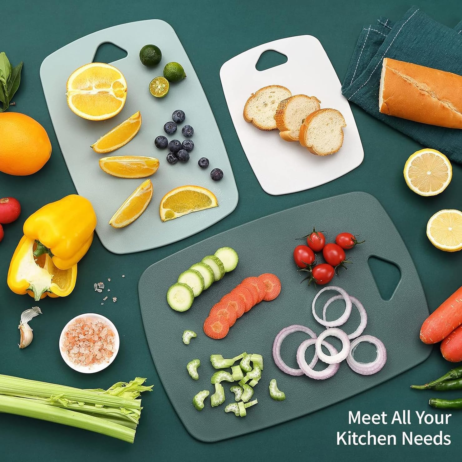 Plastic Cutting Board Set of 3, Multipurpose Chopping Boards Set BPA Free for Kitchen Meat Veggies Fruits Camping Travel, Dishwasher Safe Easy to Clean (Dark Green, Light Green, White) - Dark Green, Light Green, White image number 3