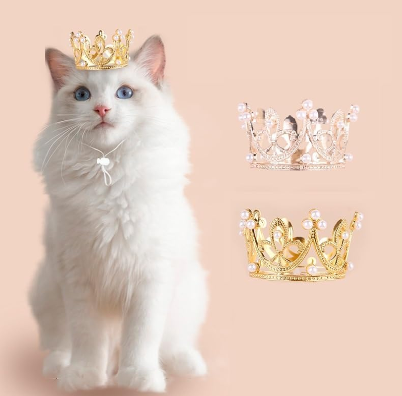 2Pcs Pet Birthday Party Crown for Small Dog with Adjustable Strap Hat Rhinestone Faux Pearl Crown for Birthday Party (Gold+Rose Gold, One Size) image number 4