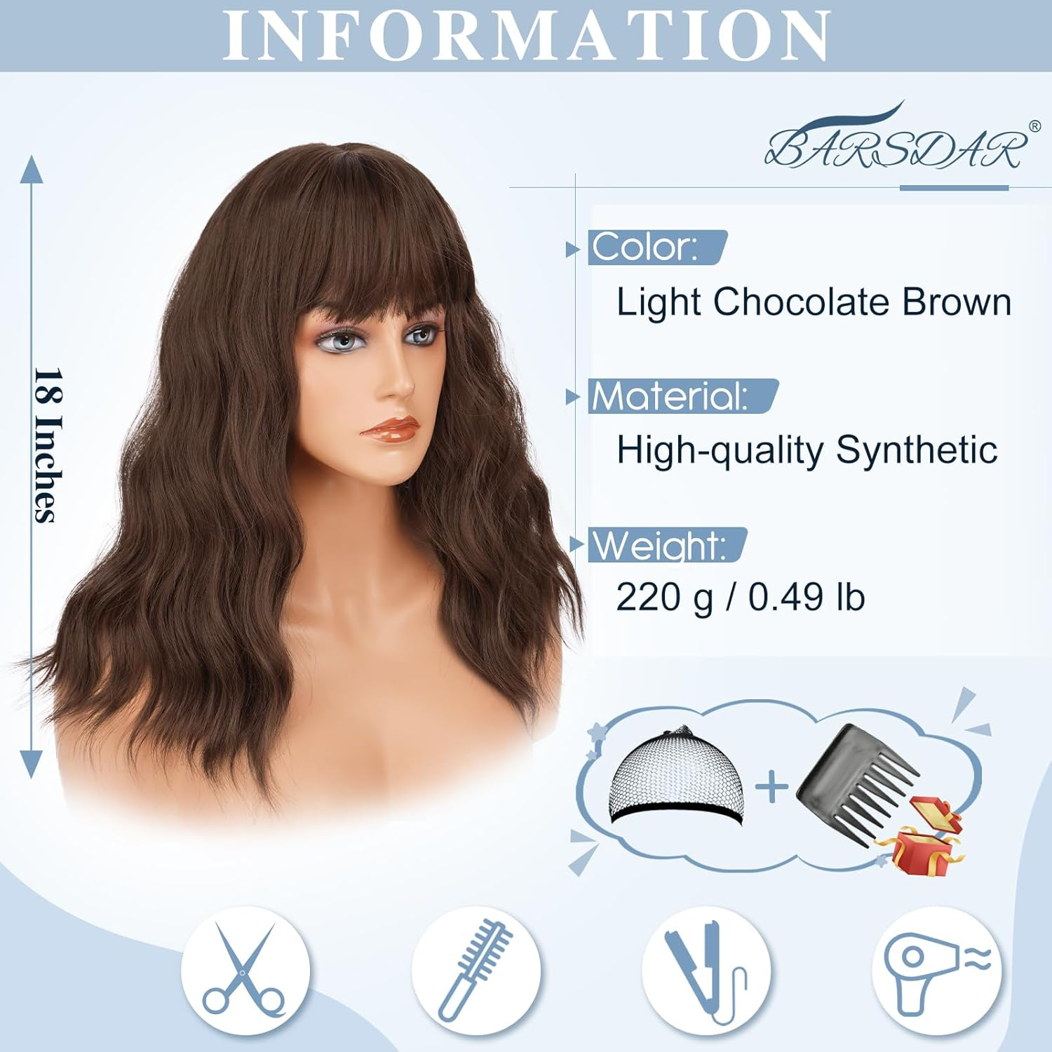 BARSDAR 46 Cm Medium Long Wavy Brown Wig with Fringe, Wig with Fringe for Women, Curly Wavy Heat Resistant Synthetic Shoulder Length Wig Cosplay Party - Light Chocolate Brown image number 5