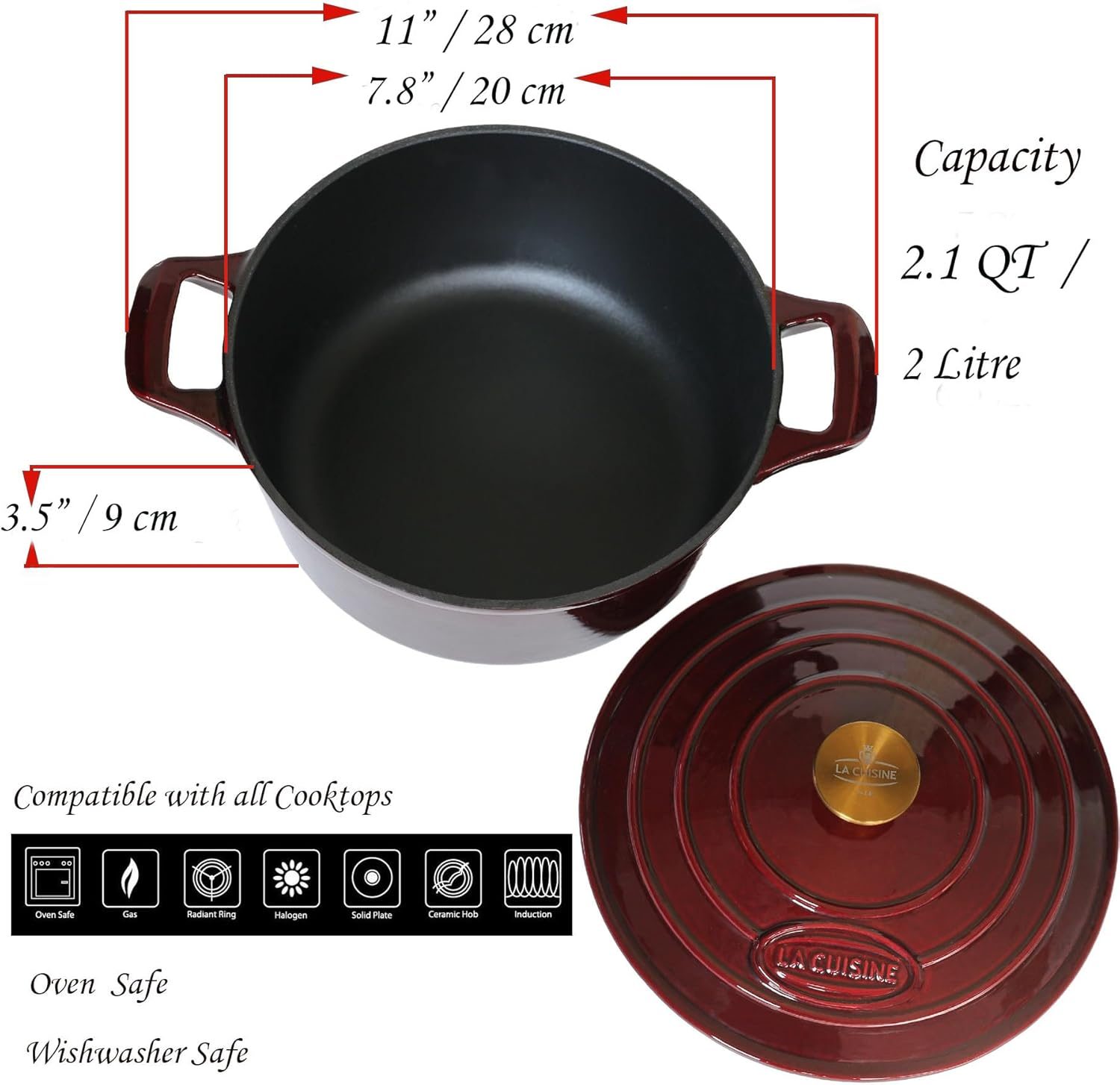 La Cuisine Enameled Cast Iron Dutch Oven Casserole Dish Pot with Lid, 2.1 QT 7.9&ldquo; Dia. Matte Black Enamel Interior, Cranberry Enamel Finish Exterior, Gold-Plated Stainless Steel Lid Handle Oven Safe image number 3