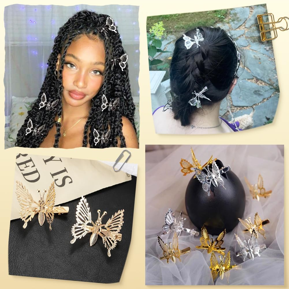 SOFPLATE Pack of 12 Retro 90S Butterfly Hair Clips Moveable Butterfly Hair Clips Made of Metal Crocodile Clips Gold/Silver Vintage Hair Accessories for Women Prom Wedding Everyday Dress image number 1