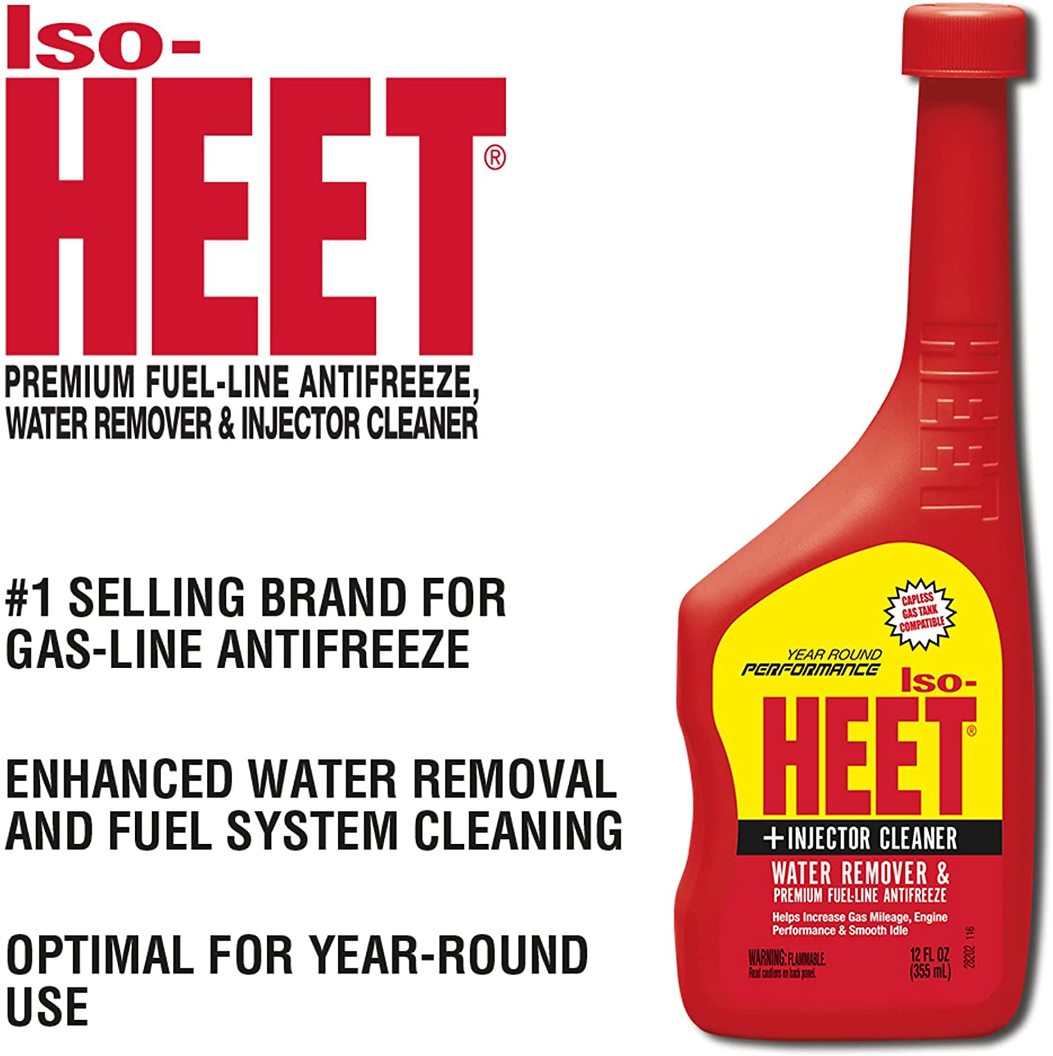 Heet Iso-Heet Water Remover and Premium Fuel Line Antifreeze + Injector Cleaner Helps Increase Gas Mileage Improves Engine Performance Year round Performance, 12 Fl. Oz. (28202), Red image number 3
