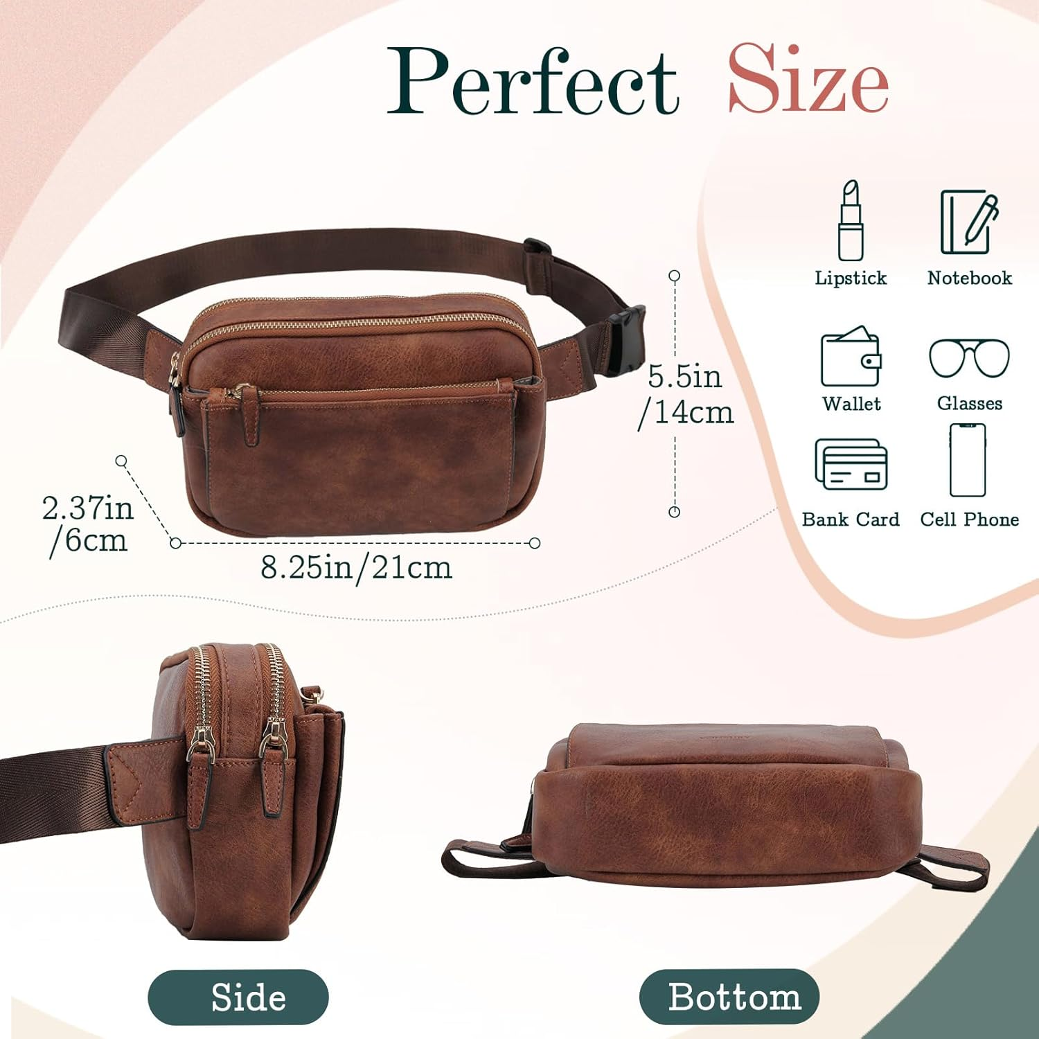 VX VONXURY Fashion Belt Bag,Vegan Leather Fanny Packs with Adjustable Strap,Trendy Small Crossbody Waist Bag (All Brown-Faux Leather) - Off White Brown-Faux Leather image number 4
