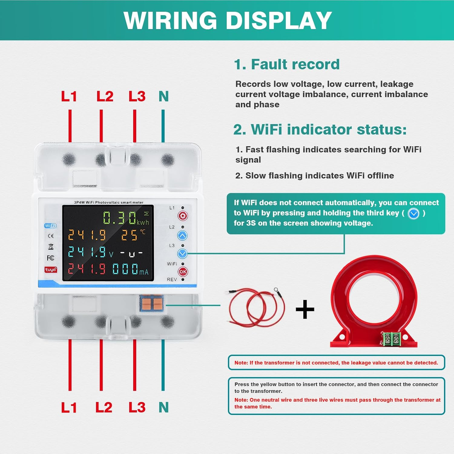 4P 3 Phase Wifi Smart Energy Power Meter with Color LCD Display, 100A over under Voltage Protector Transformer Support APP to Control Din 35Mm image number 4