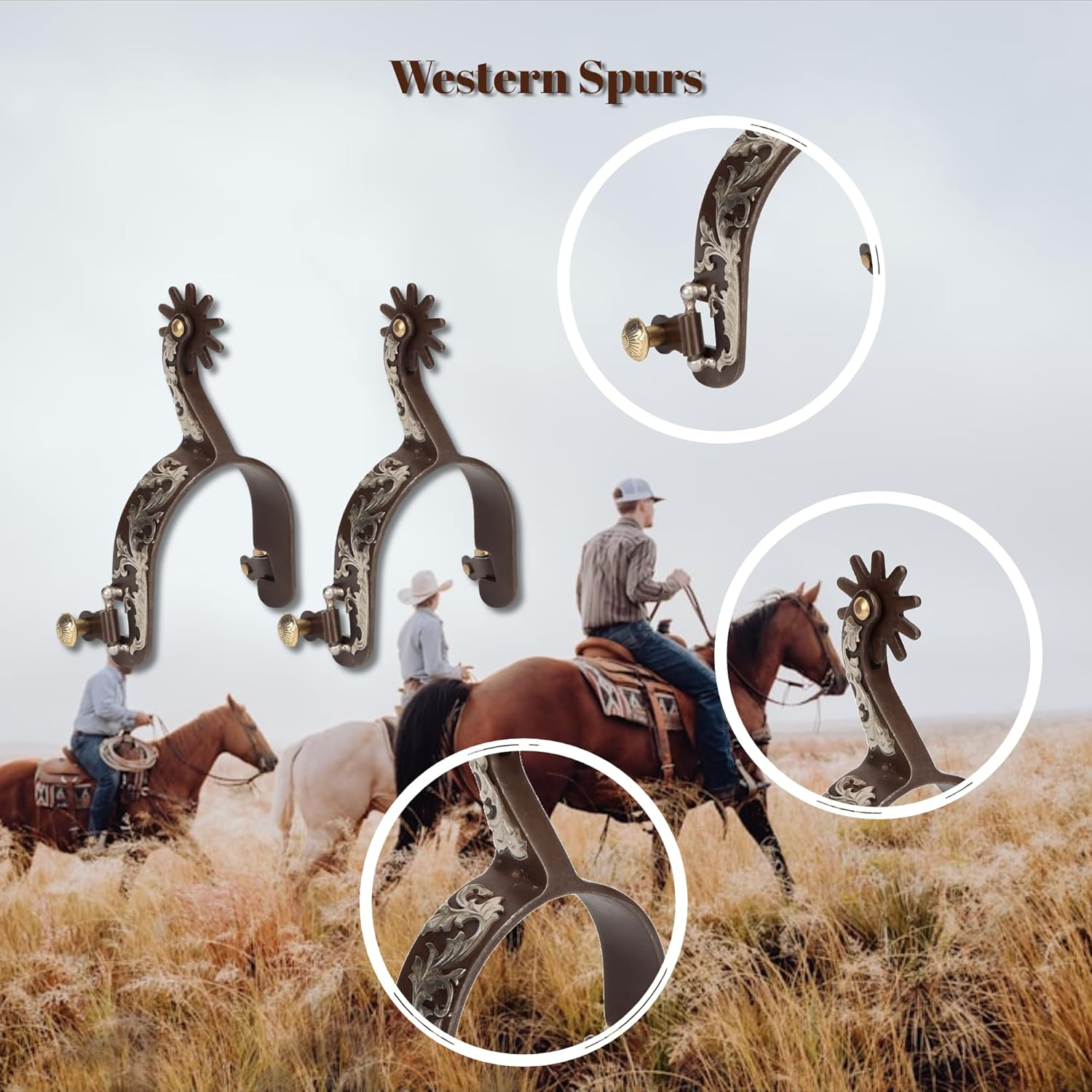 Gugxiom 2Pcs Western Spurs, Retro Bronze Low Carbon Steel Horse Spurs, Vintage Carved Spurs, with Turnable Gear image number 1