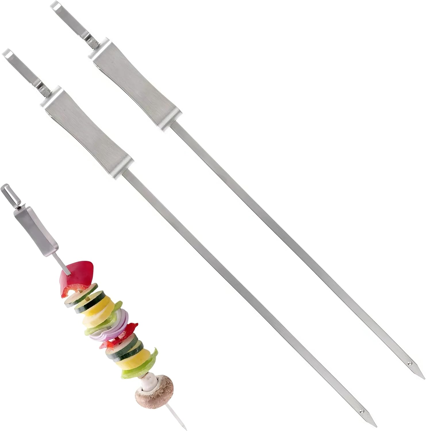 EZONEDEAL Reusable BBQ Skewers for Grilling, Grill Skewers, Shish Kabob Skewers with Push Bar, 15 Inch Stainless Steel BBQ, Metal Sliding Handle for Meat Shrimp Chicken Vegetable Grilling 2PCS image number 4