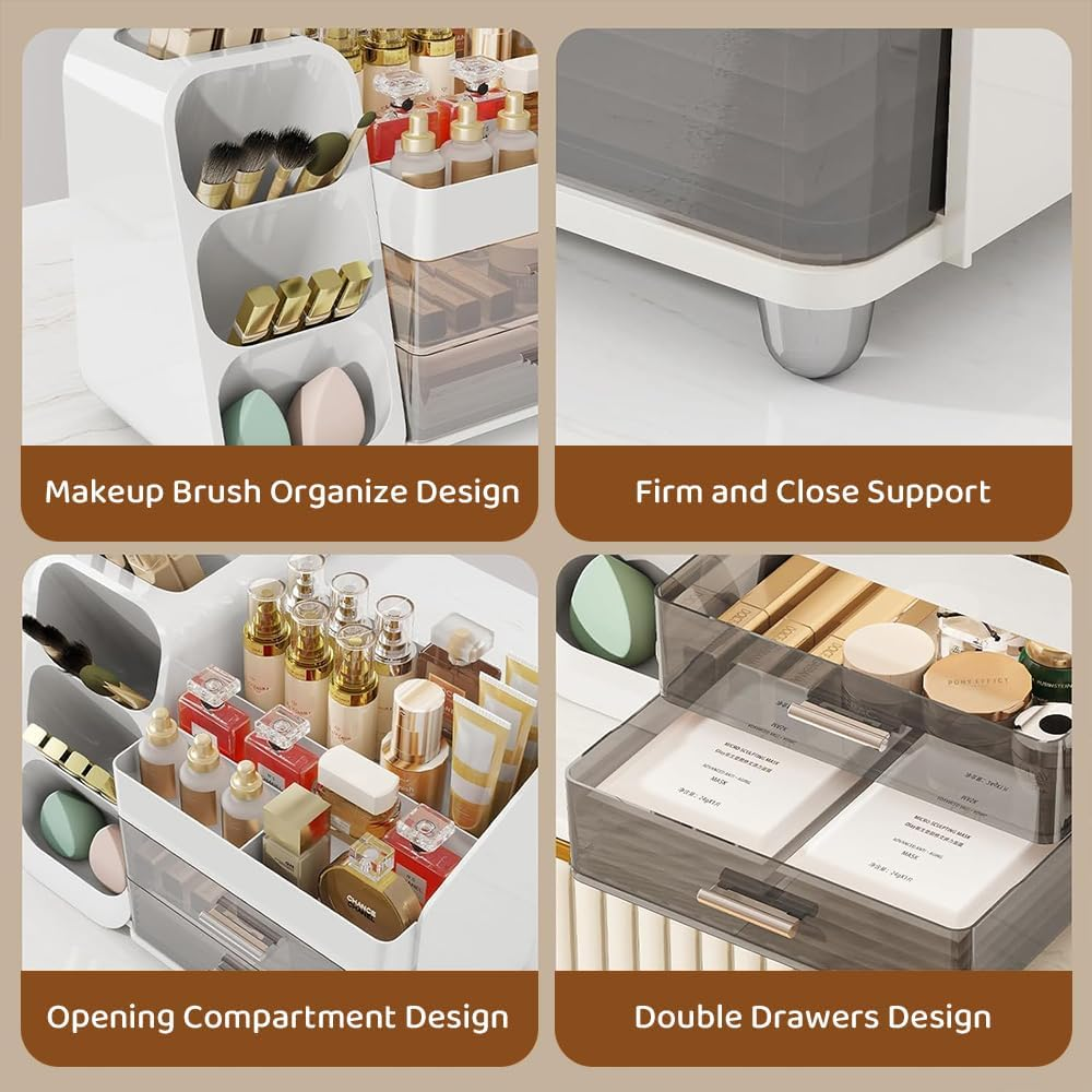 Makeup Organizer with Drawers &ndash; Large Cosmetic Storage Box with Brush Holder, Skincare Organizer for Vanity, Bathroom, or Dresser image number 3