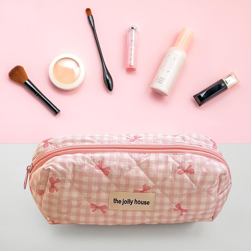 AZURAOKEY Quilted Makeup Bag Pink Bows Cosmetic Bag for Women Quilted Cotton Makeup Bag Set, Portable Coquette Aesthetic Toiletry Bag with Zipper, Cute Bows Travel Toilet Bag, Pink, S, Fashion image number 3