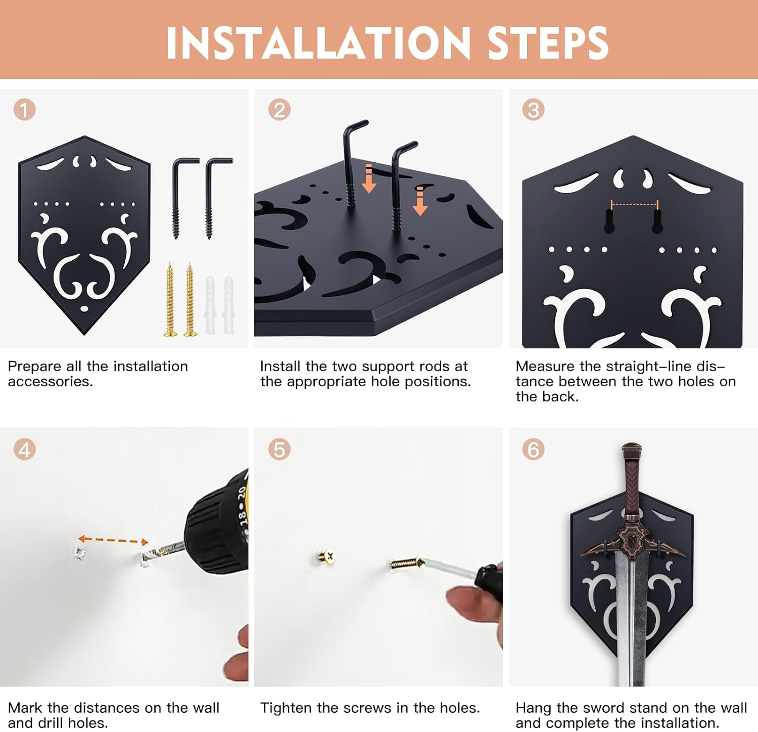 GAHEUNBB Sword Wall Mount Vertical Display Rack with Hollow-Carved Design Wall Holder for Medieval Swords Bows Axes & Props, Black image number 4